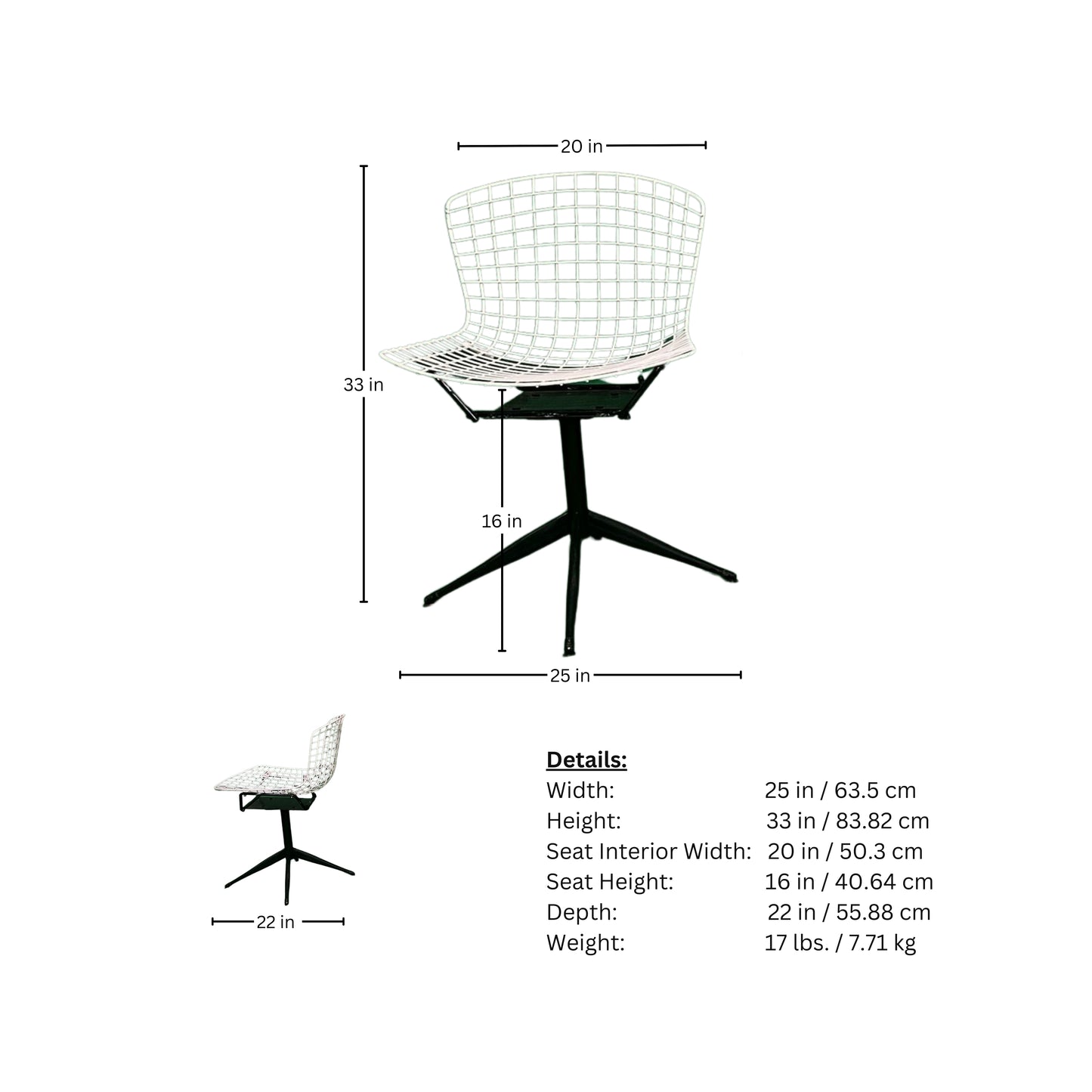 Chair dimensions and specifications on a white background