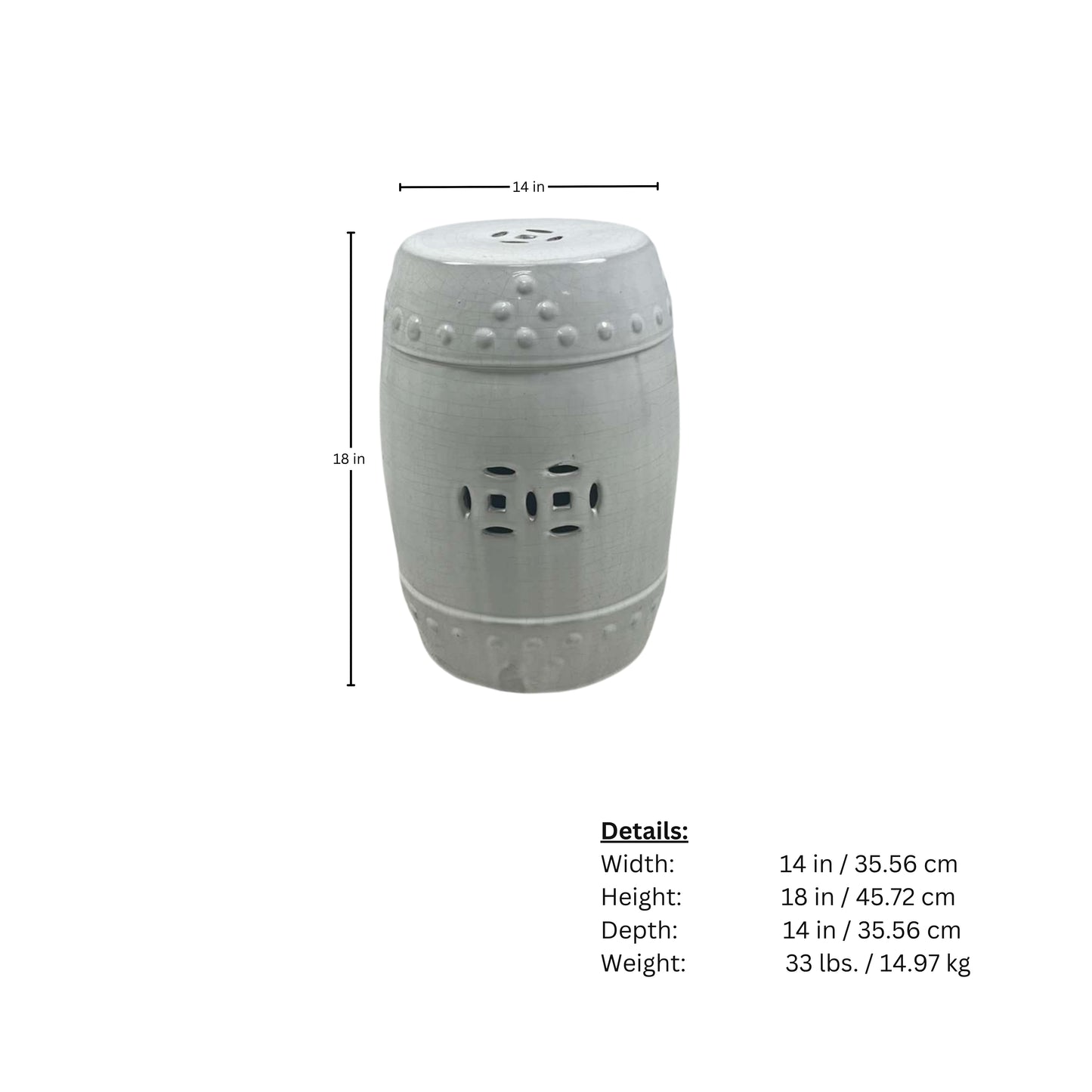 Measurement page of an Oriental White Ceramic Garden Stool on a white background