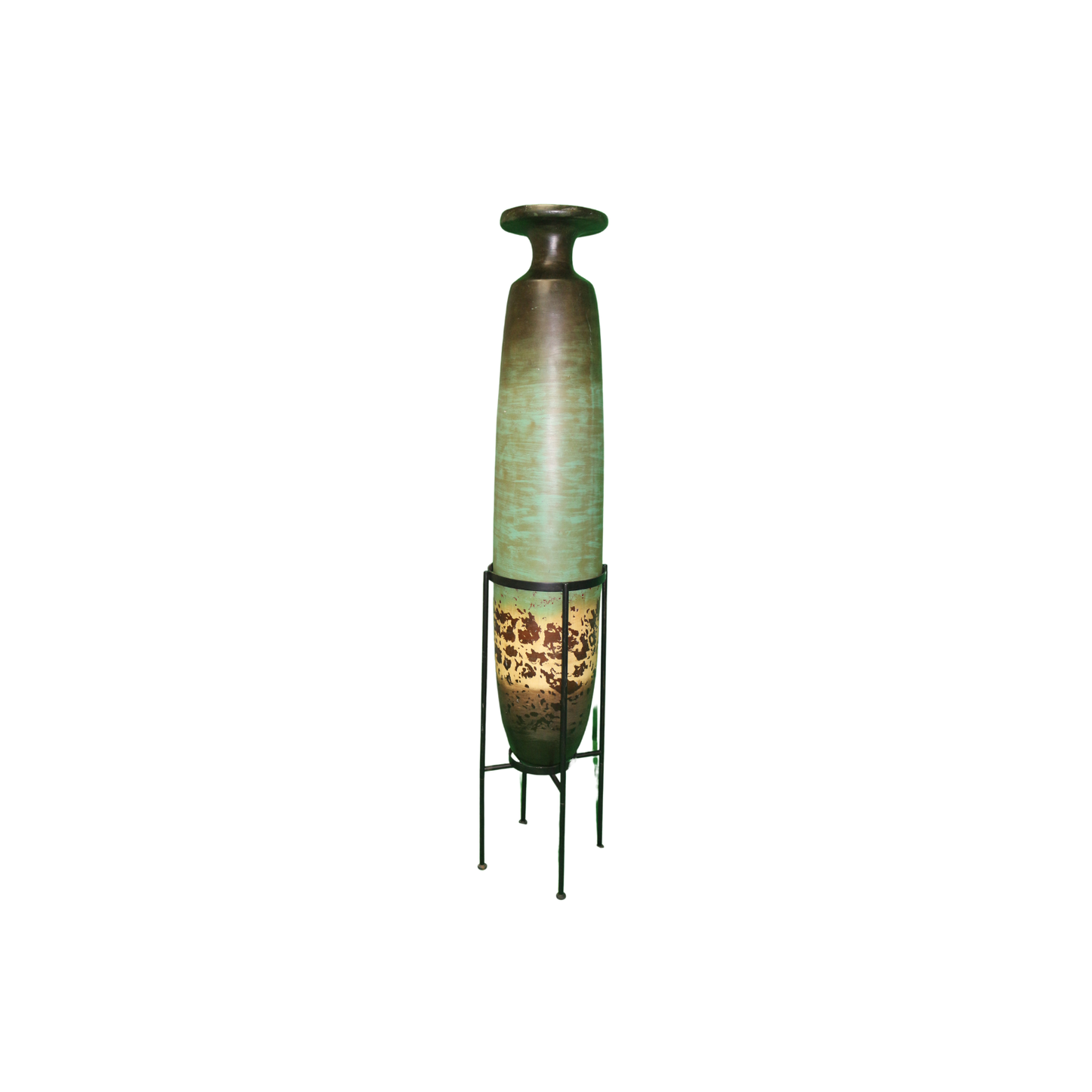 This Large Ceramic Vase in Teal, Brown and Beige comes with an Iron Stand (included at no extra charge).