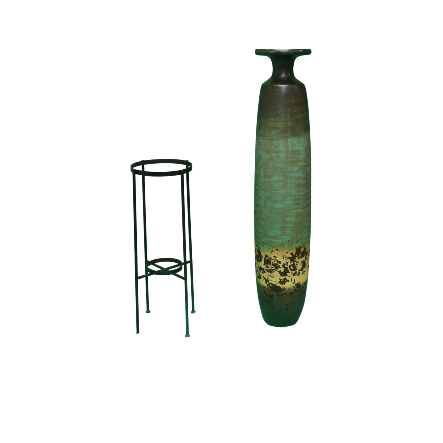 This Large Ceramic Vase in Teal Brown and Beige comes with an Iron Stand (included at no extra charge).
