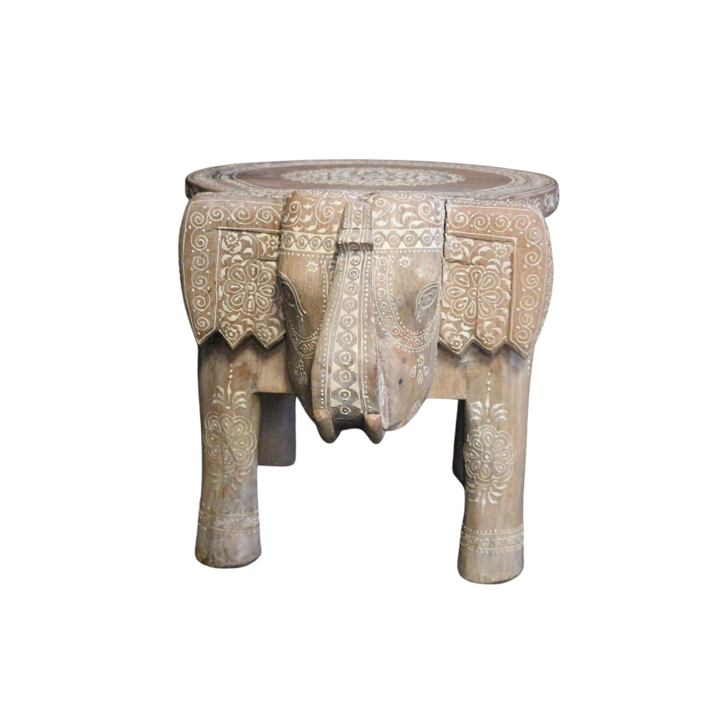 Light wood carved elephant side table/foot stool with boho vibes, perfectly imperfect.