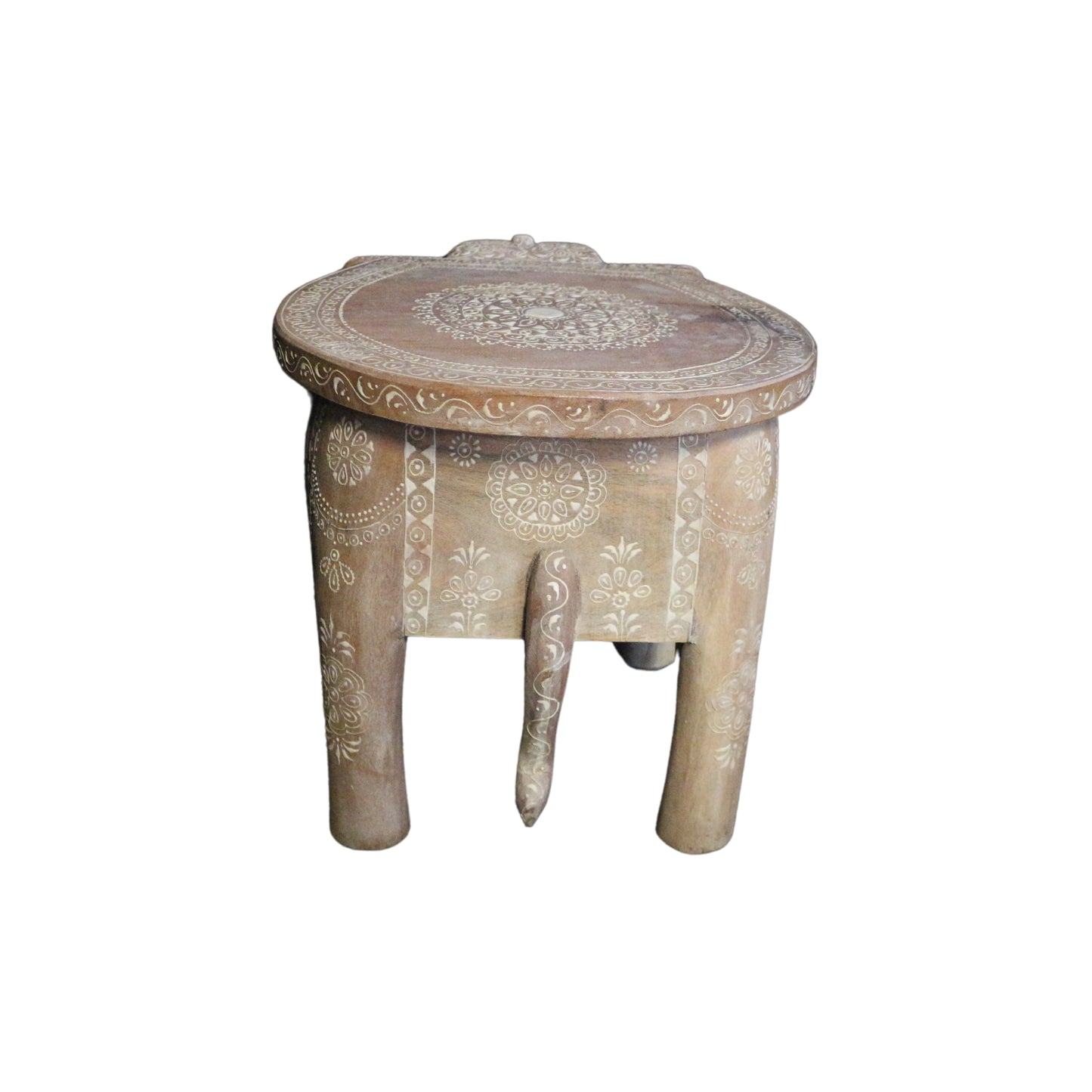 Light wood carved elephant side table/foot stool with boho vibes, perfectly imperfect.