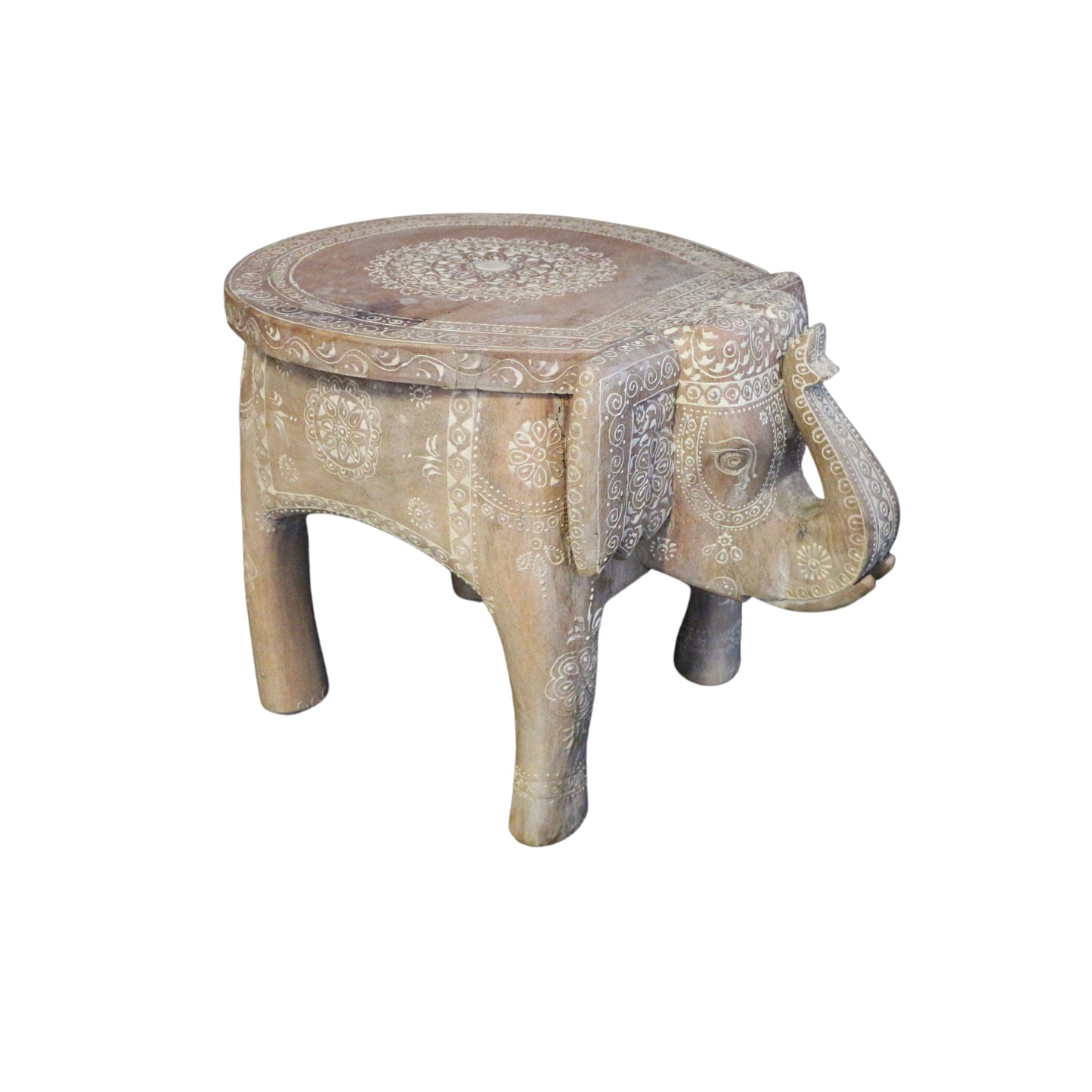 Light wood carved elephant side table/foot stool with boho vibes, perfectly imperfect.