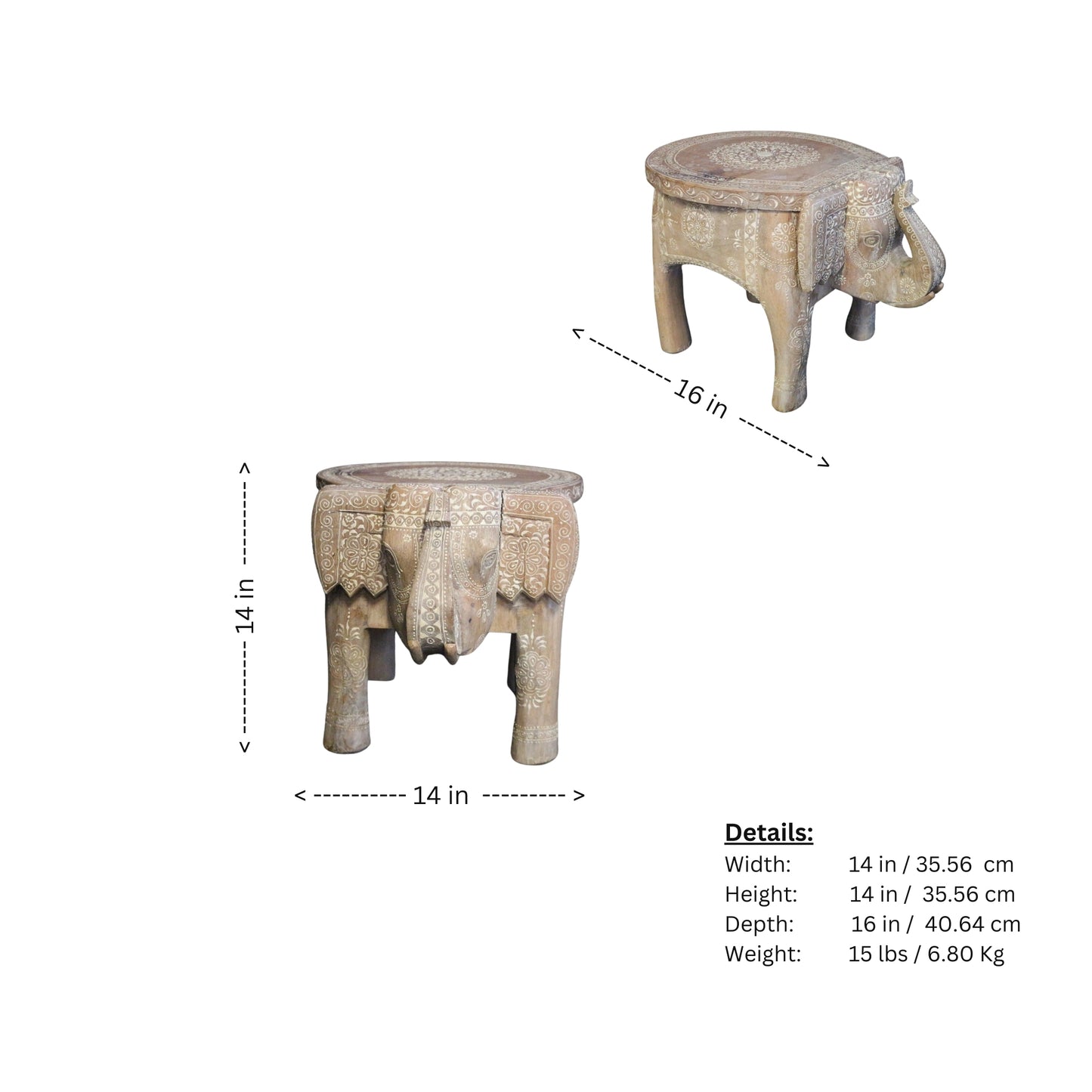 Light wood carved elephant side table/foot stool with boho vibes, perfectly imperfect.