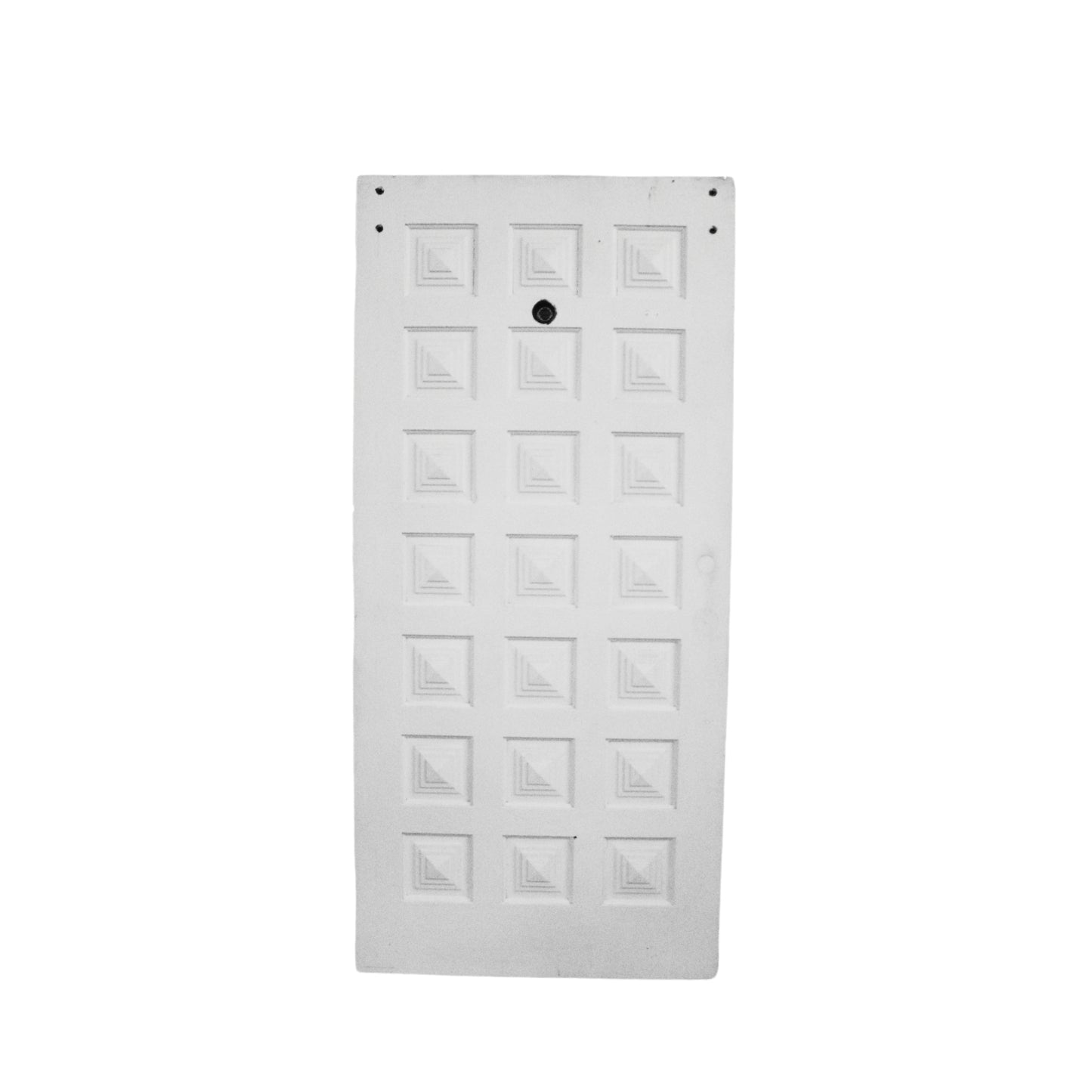 Crafted in the Bartulos Laboratory, this solid wood entry door with 21 square inlay carvings is a Mid Century exterior door for beautiful curb appeal that has been retrofitted to be used as an indoor barn style sliding door.