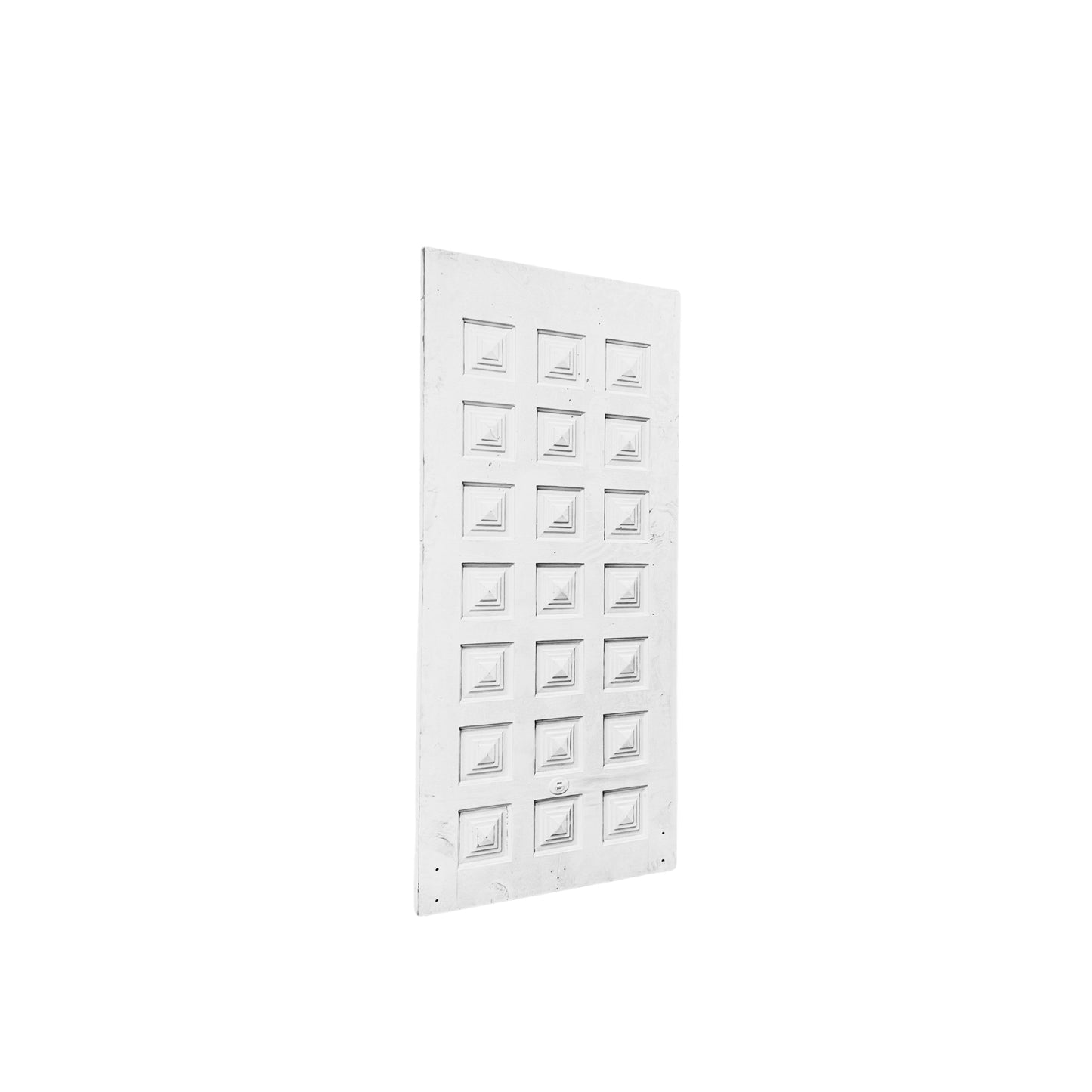 Crafted in the Bartulos Laboratory, this solid wood entry door with 21 square inlay carvings is a Mid Century exterior door for beautiful curb appeal that has been retrofitted to be used as an indoor barn style sliding door.