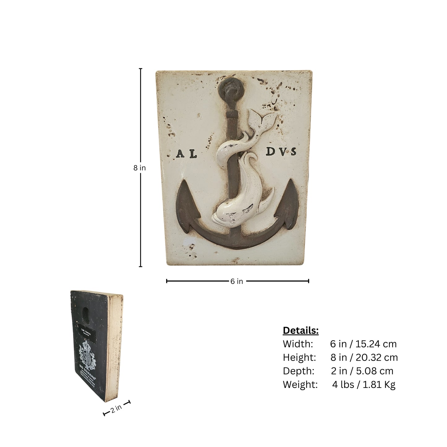 Page of decorative wall plaque measurements, where an anchor is seen and a dolphin surrounding the anchor, on a white background
