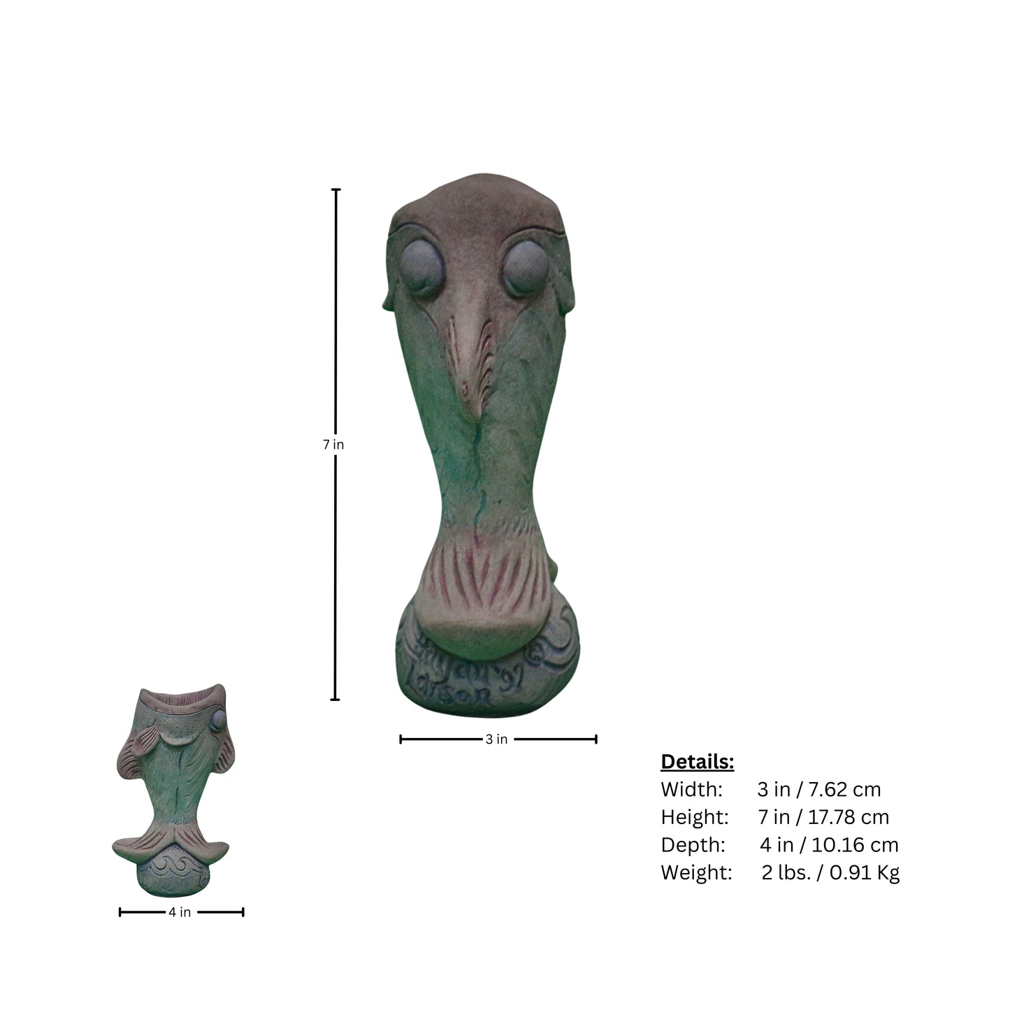 Page of measurements for a decorative vase shaped like a fish on a white background
