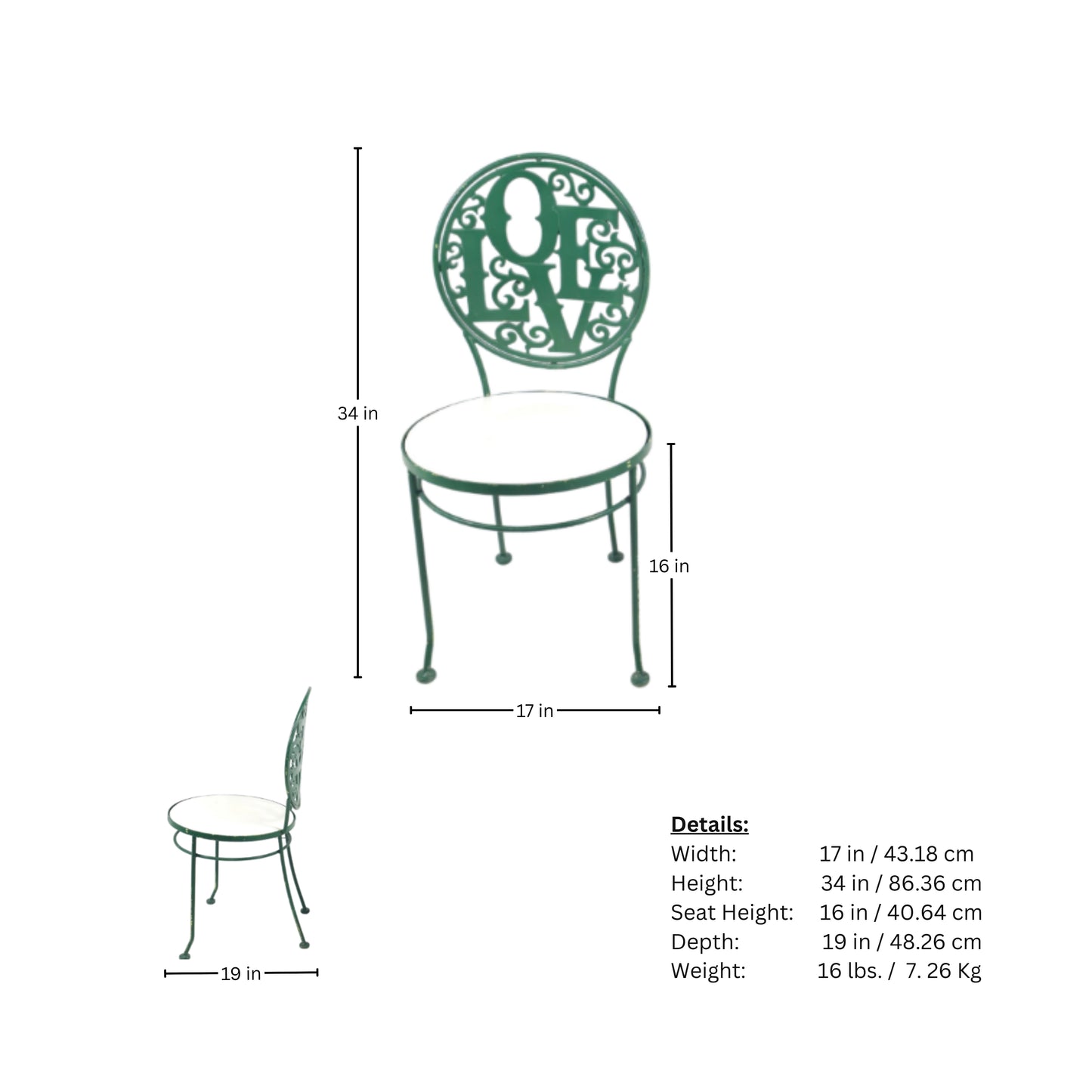 Page of measurements for a green metal chair with a white seat on a white background