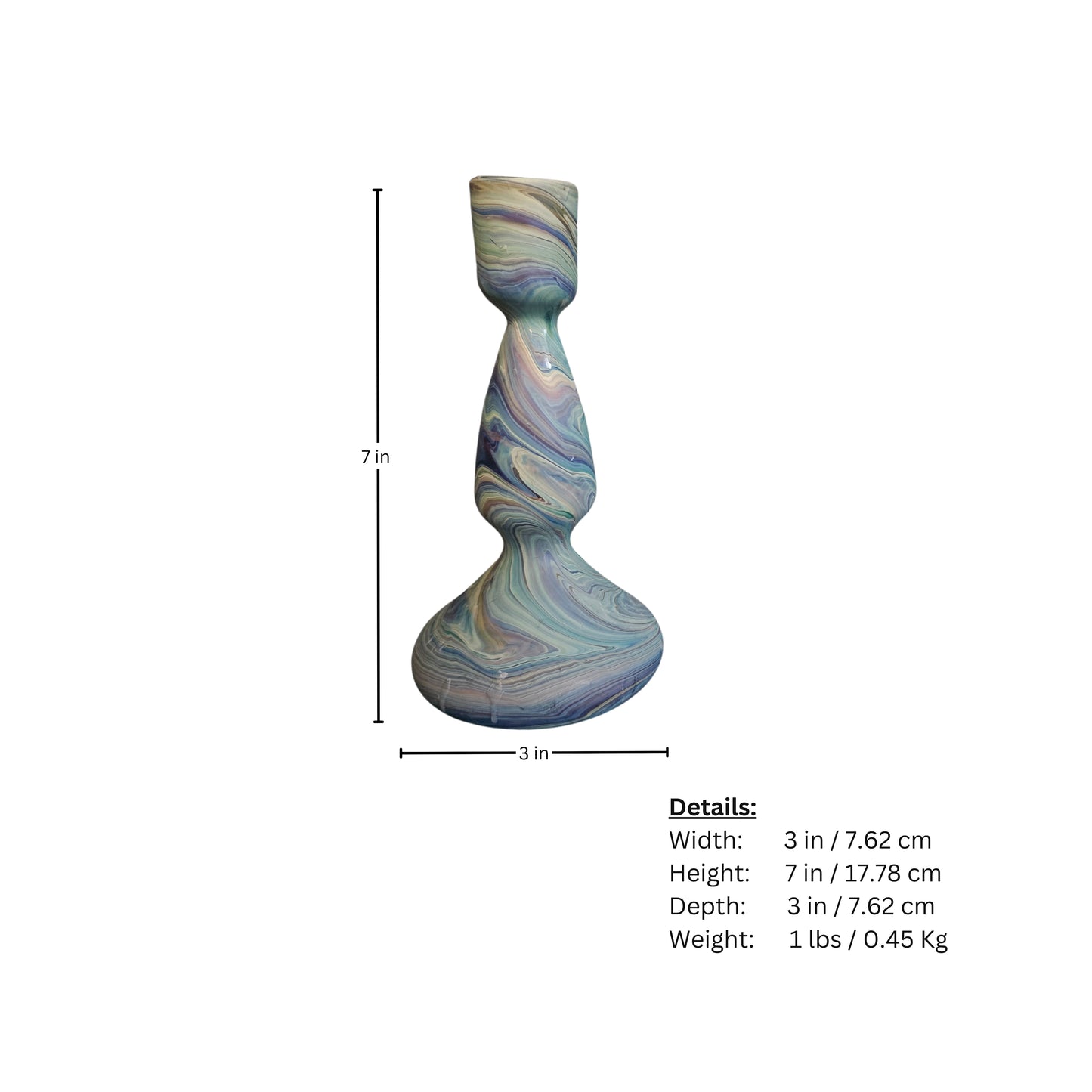 Glass candle holder with dimensions and weight details on a white background