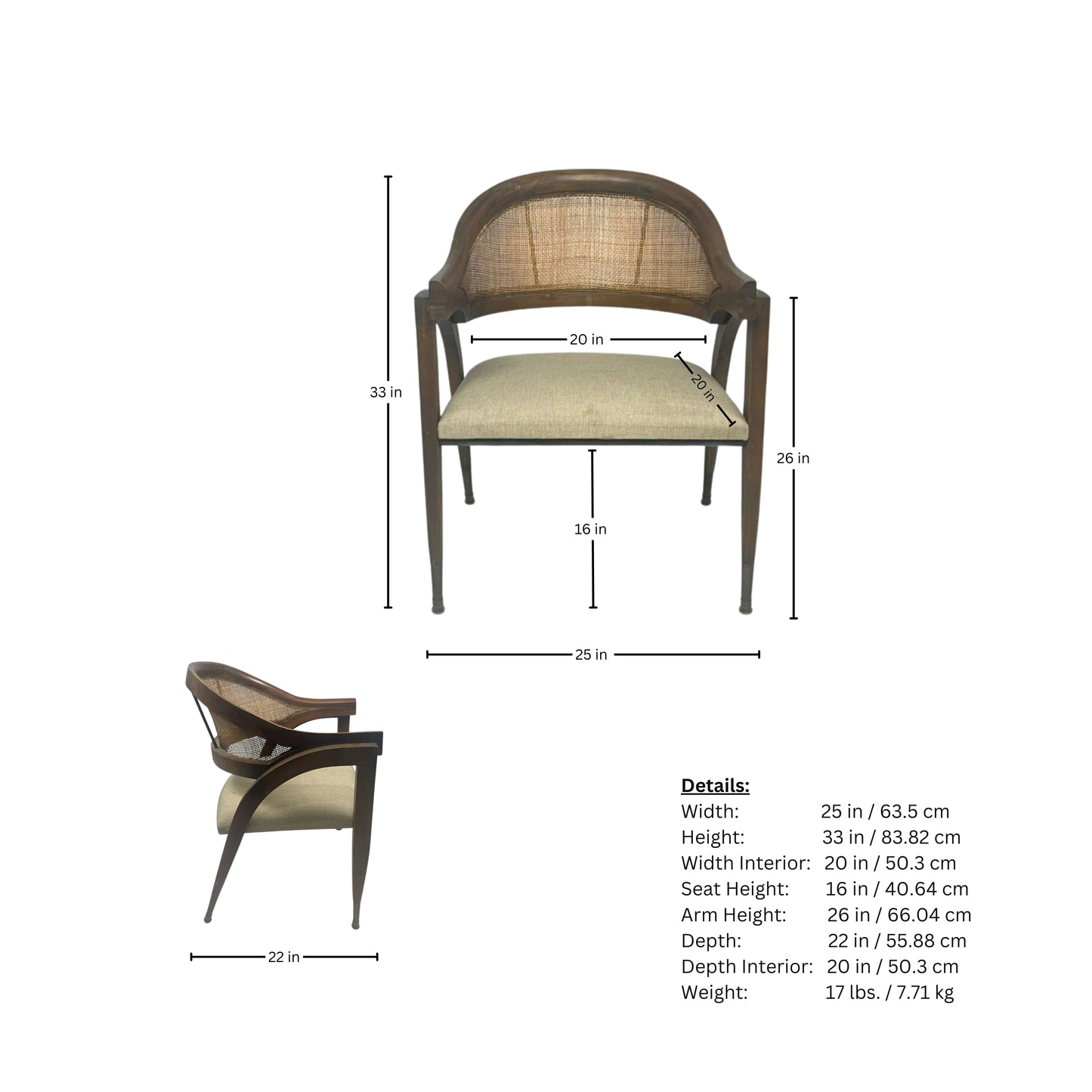 Wooden and cane chair measurement page on a white background