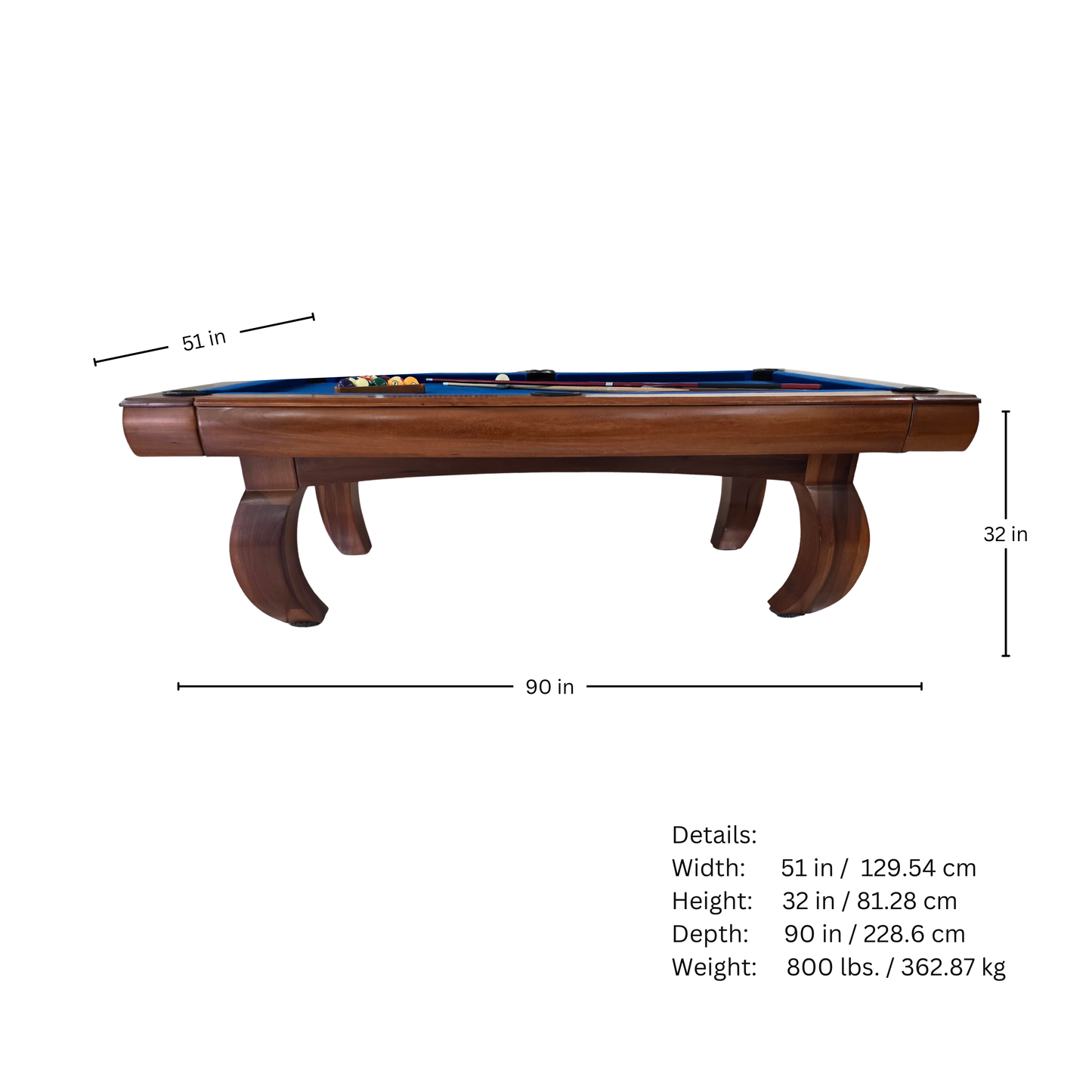 Pool table with dimensions labeled on a white background