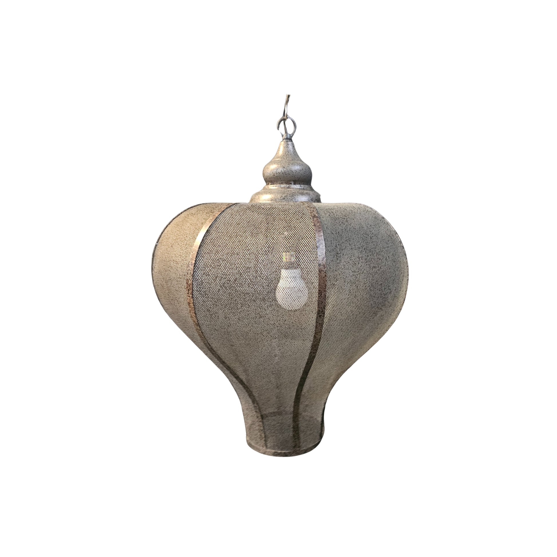 Front view of a large Moroccan metal mesh pendant lamp on a white background