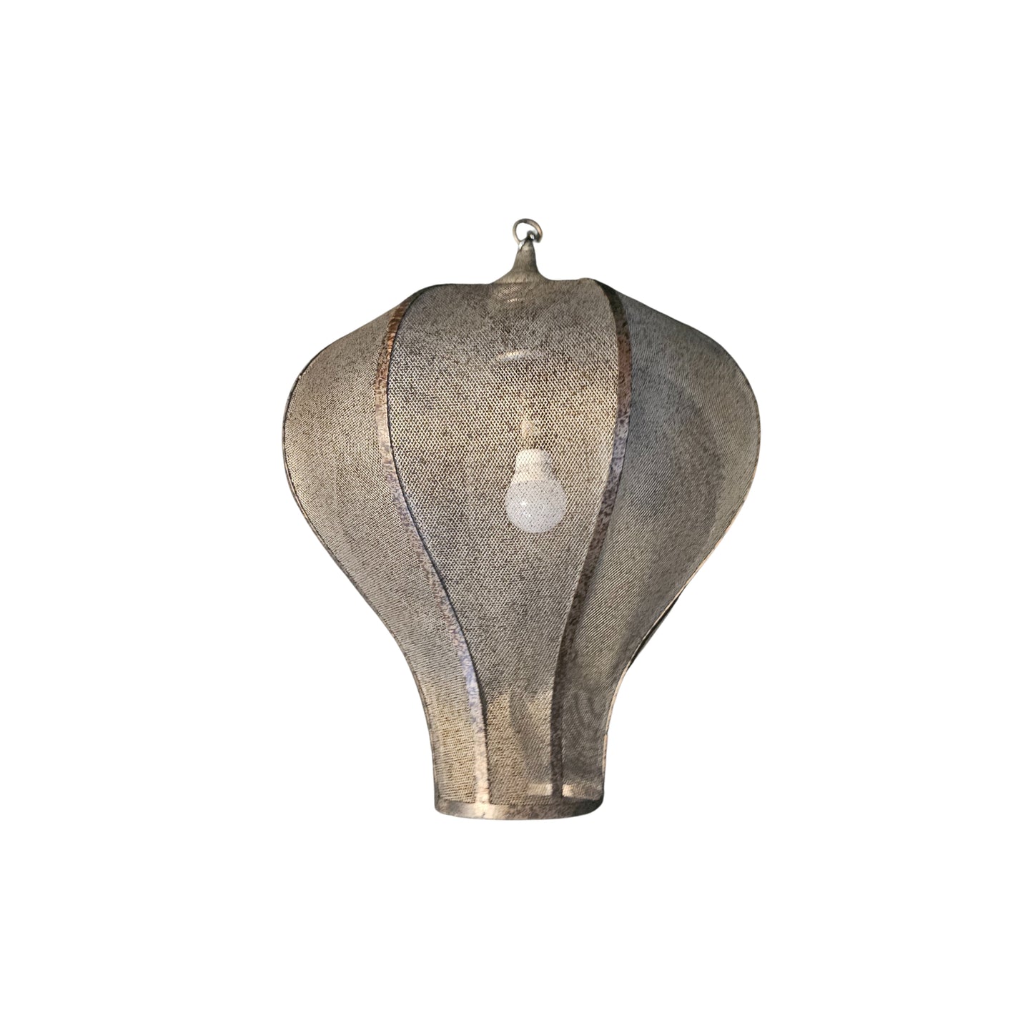Side view of a large Moroccan metal mesh pendant lamp on a white background