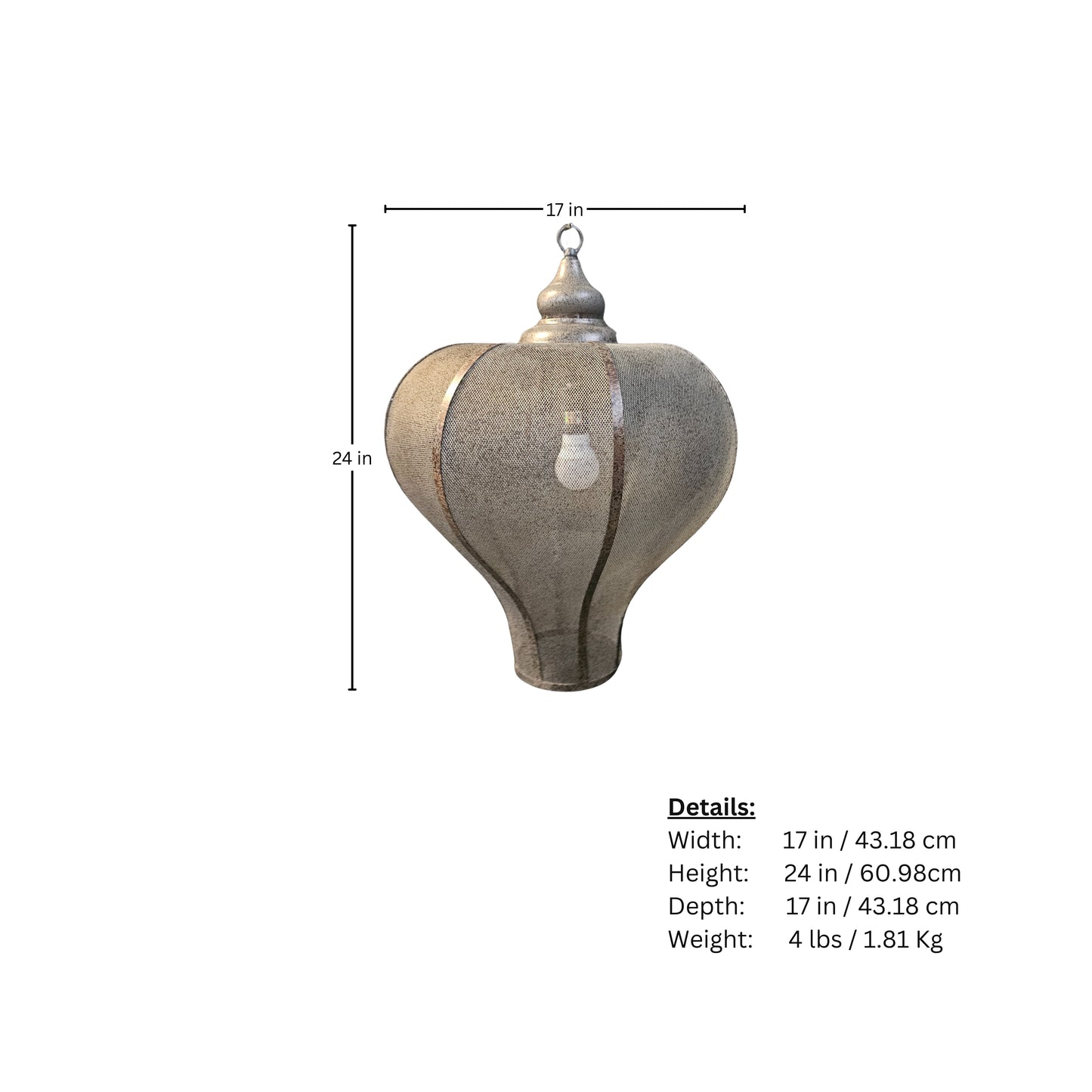Page of measurements of large Moroccan metal mesh pendant lamp on white background