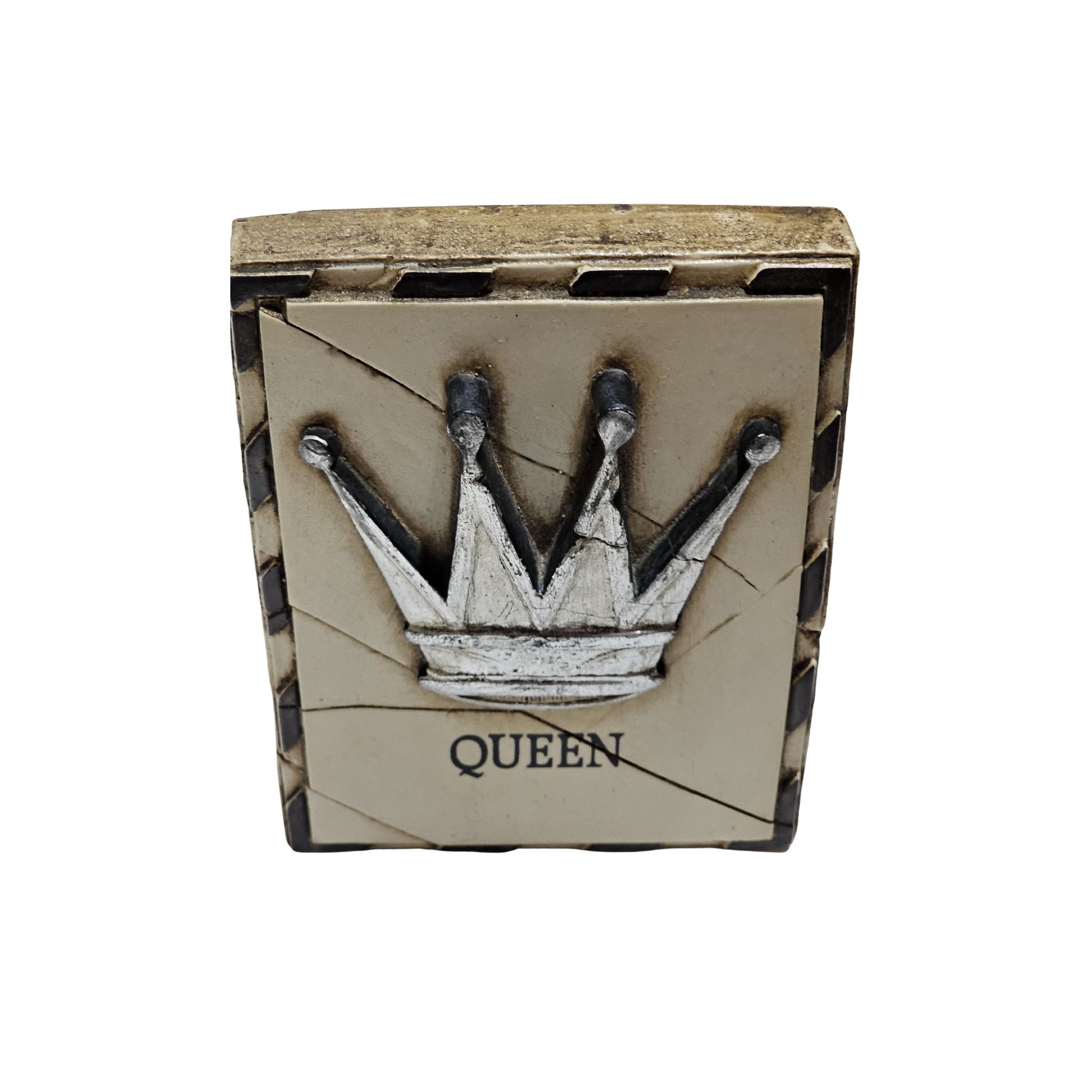 Decorative tile with a crown design and 'QUEEN' text on a white background