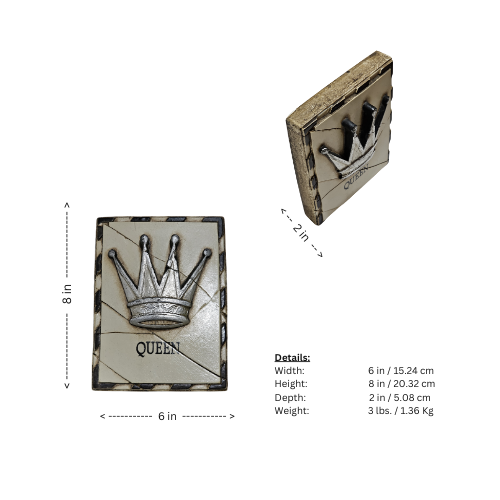 Decorative wall art with a crown design and 'Queen' text, showing dimensions and weight on a white background.