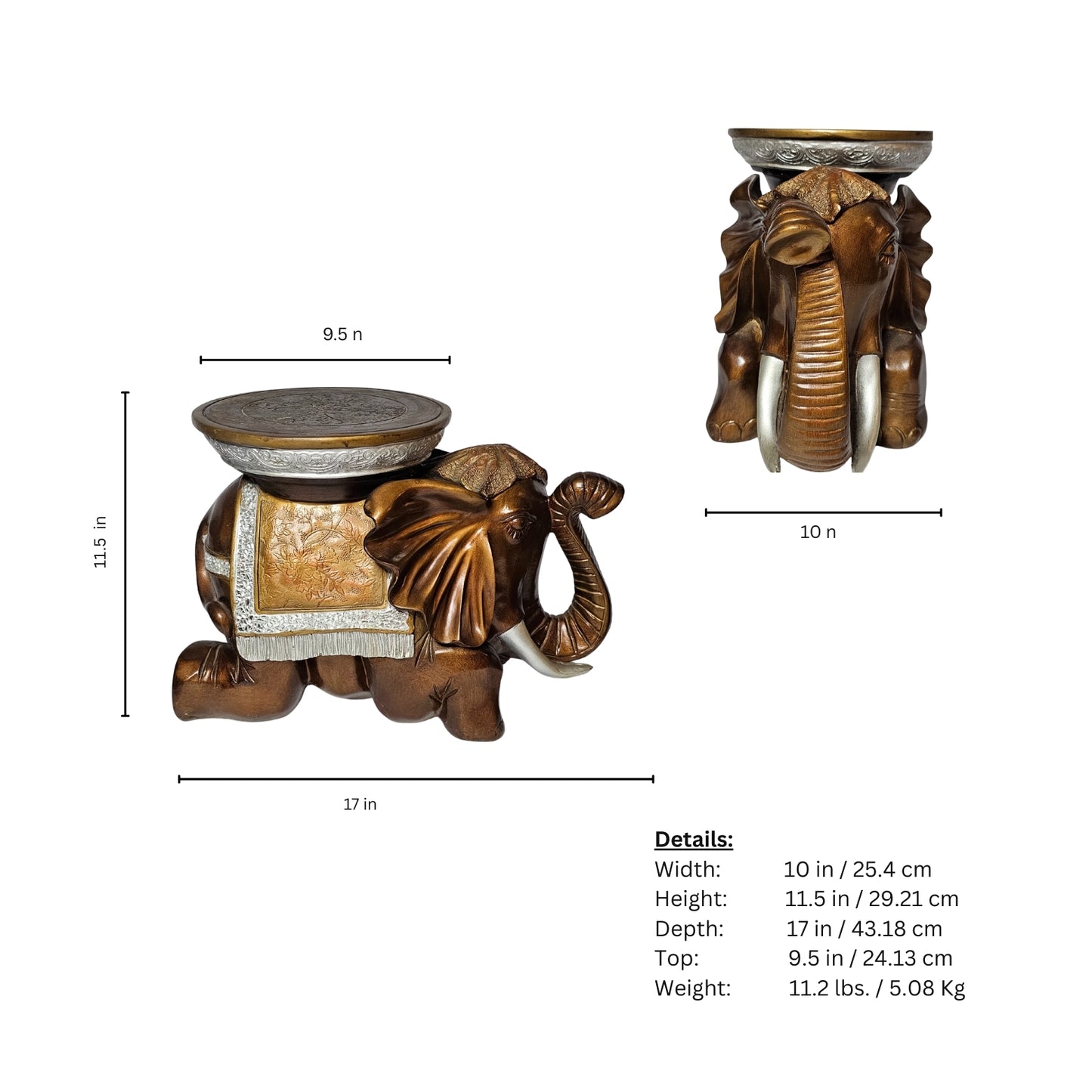 Measurements of a decorative elephant-shaped stool on a white background