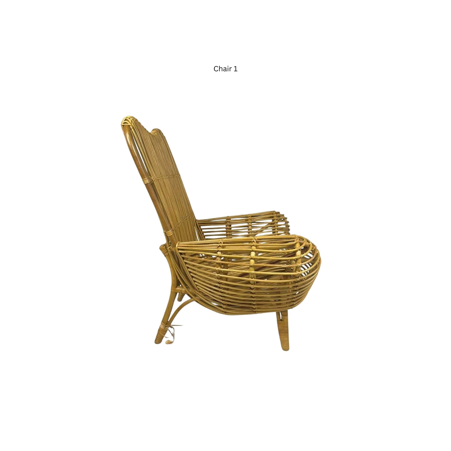 Side view of an Ibolili rattan chair with round backrest on white background