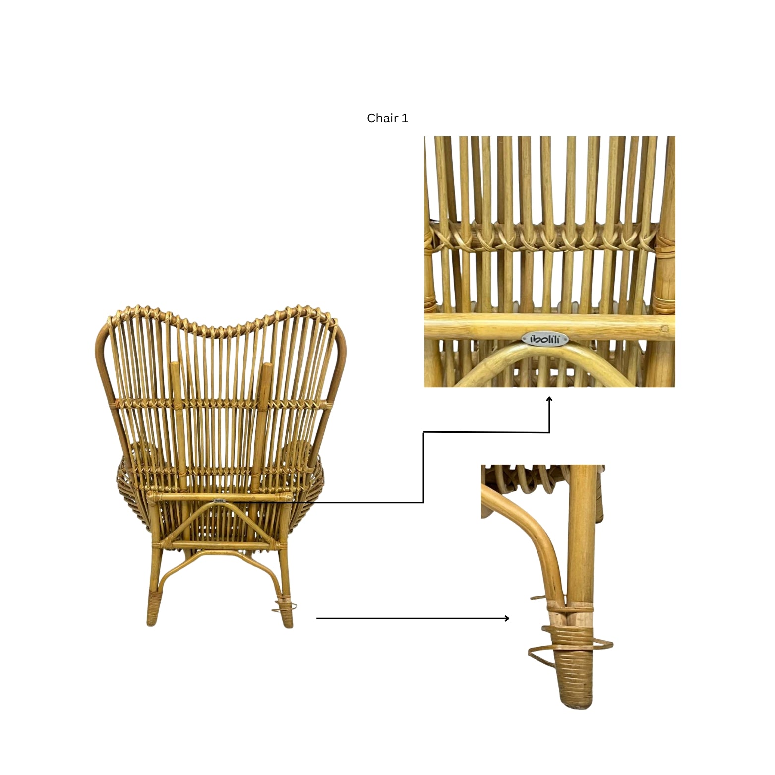 Detail view showing an Ibolili rattan chair with rounded back on a white background