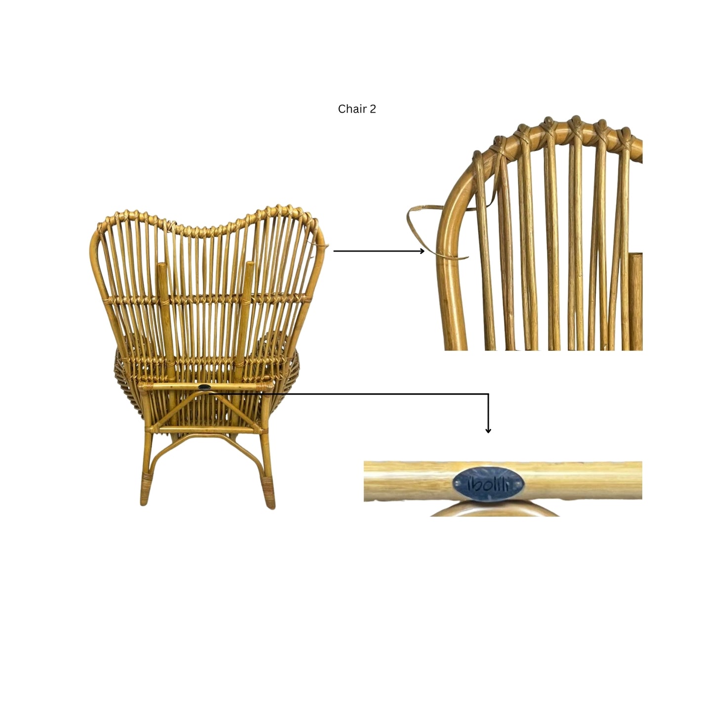 Detail view and brand presented by an Ibolili rattan chair with round back on a white background