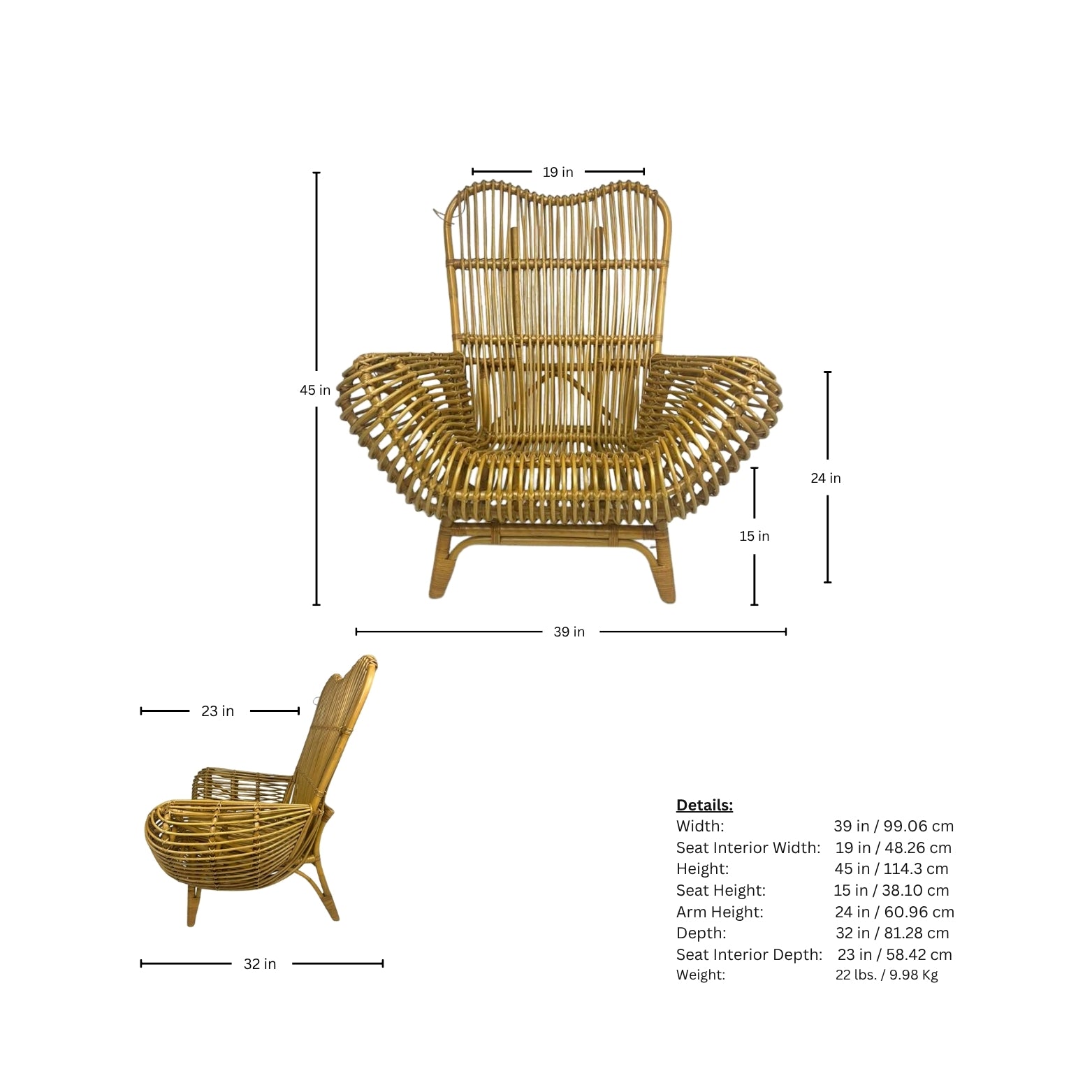 Page of measurements of an Ibolili rattan chair with round backrest on white background