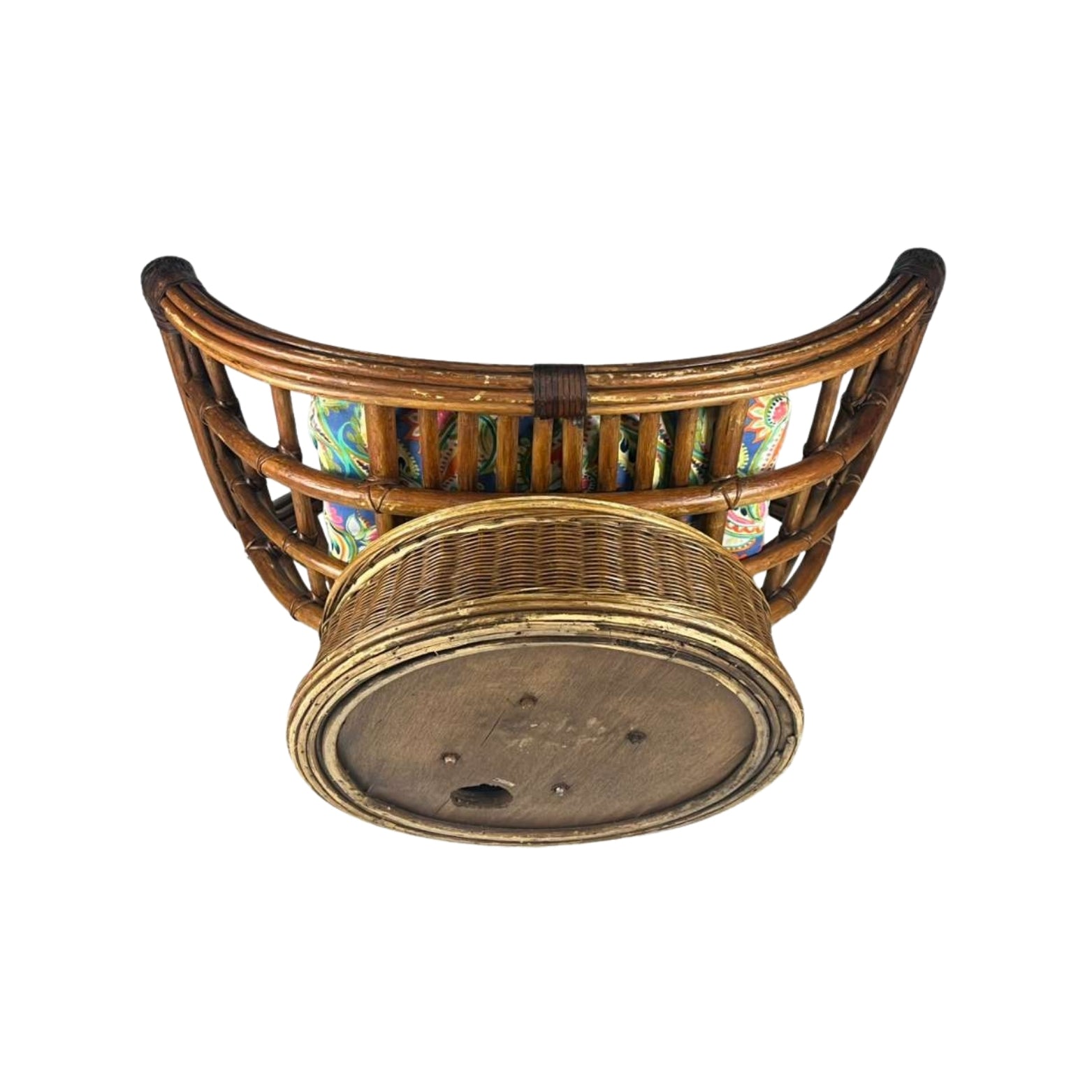 Front the bottom of wicker chair with a decorative backrest on a white background