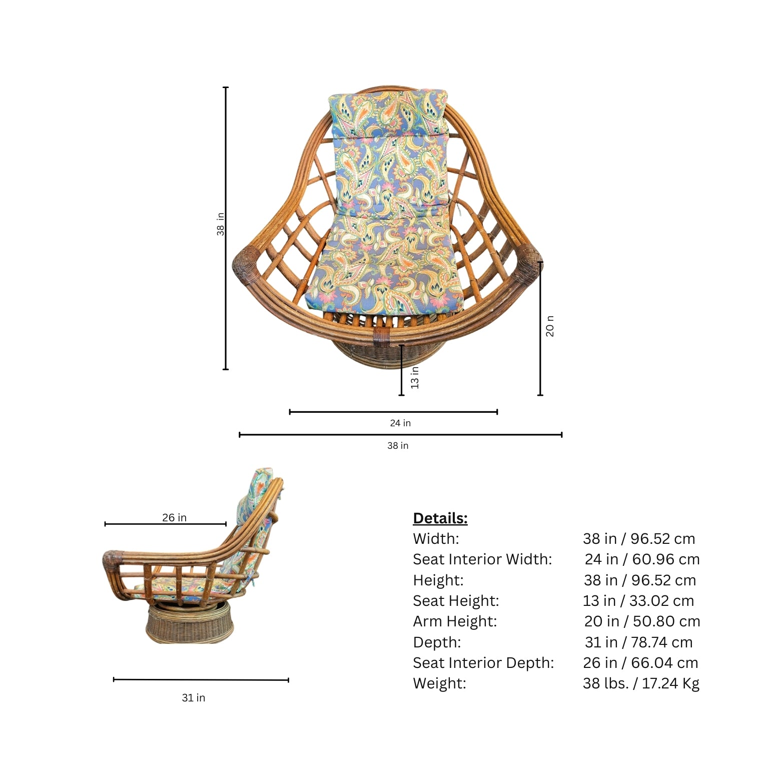 Wicker chair with cushion and dimensions on a white background