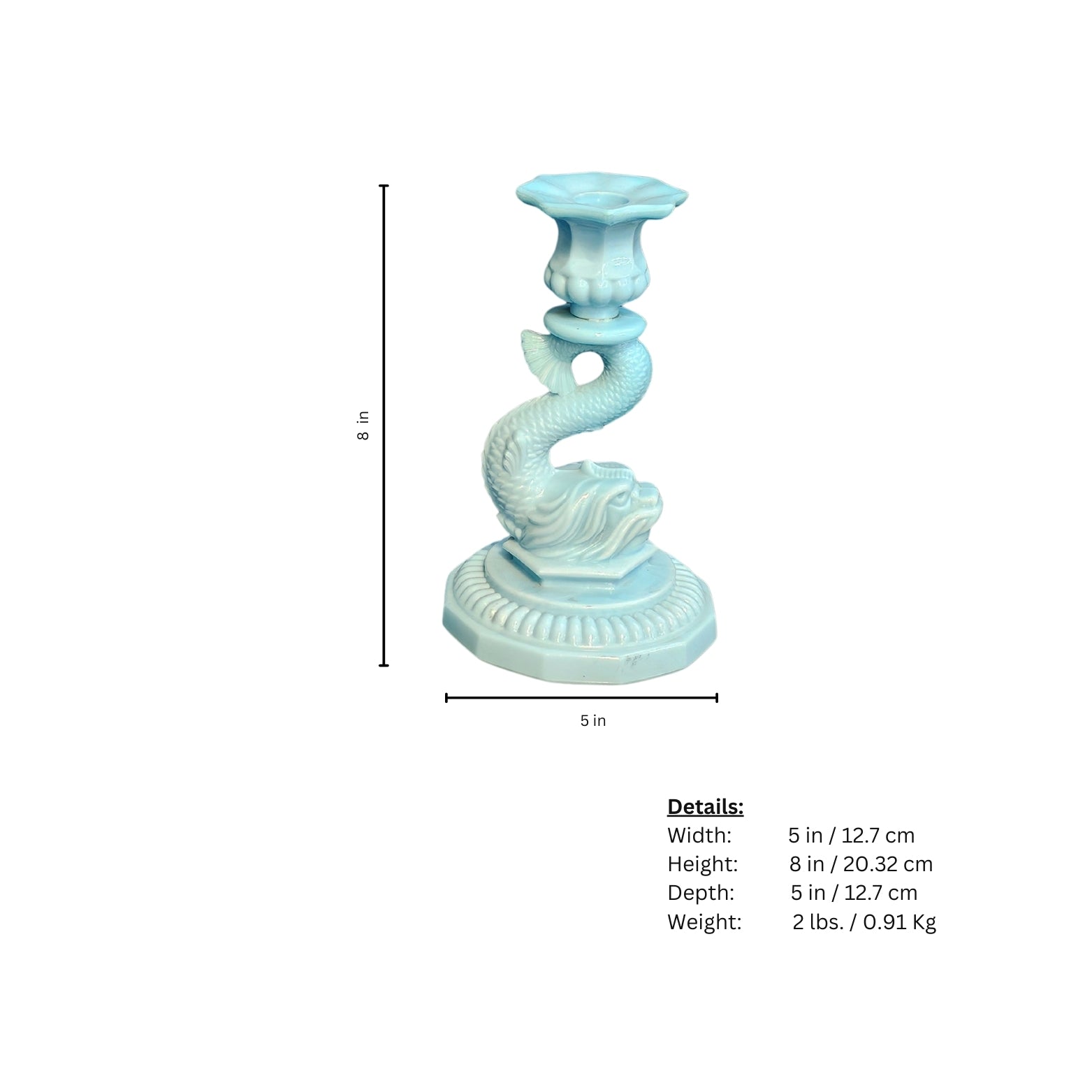 Turquoise decorative candle holder with measurements on a white background