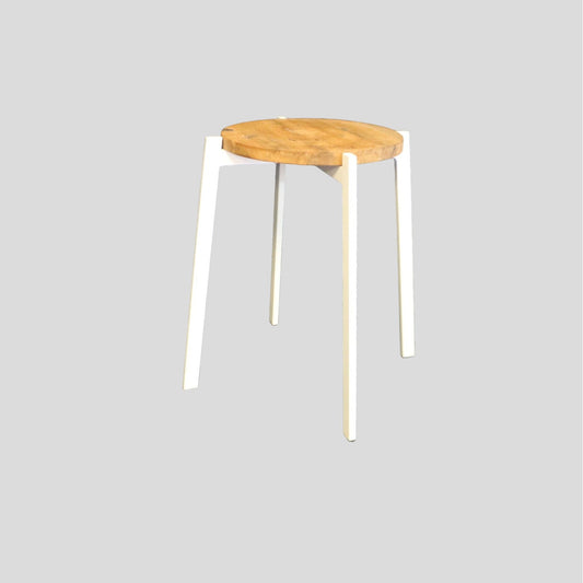 Retro 1970s round side table with iron legs and wood top.
