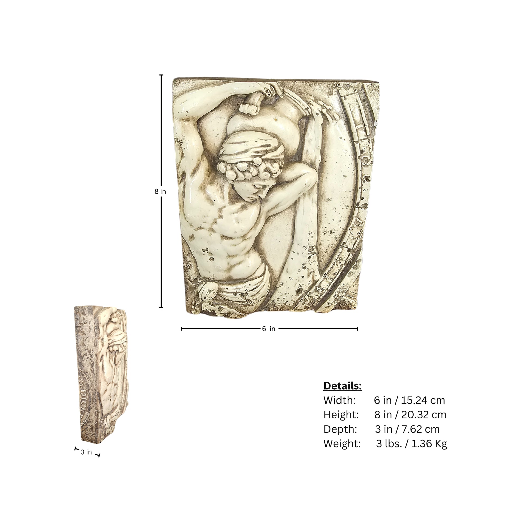 Decorative wall art with a figure and measurements on a white background