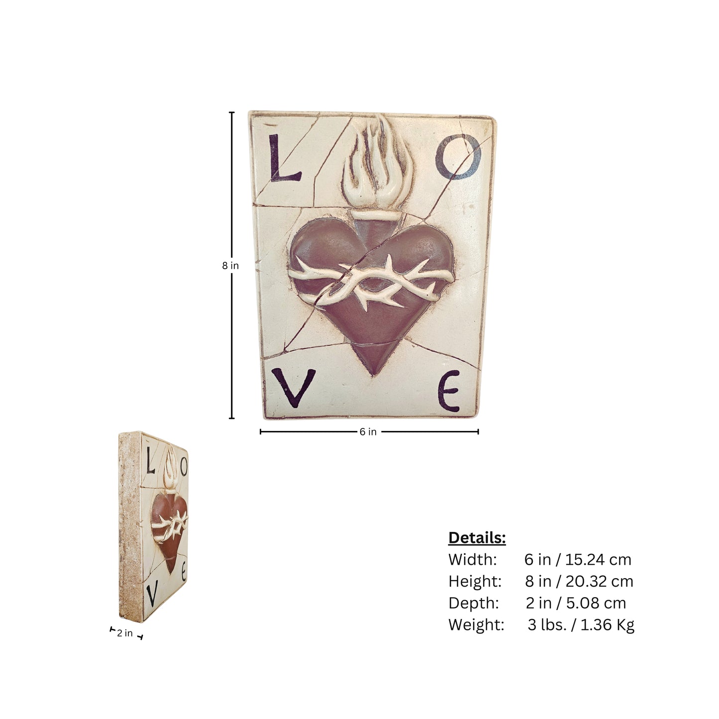 Page of measurements for a decorative wall plaque of a red heart and flames on a white background