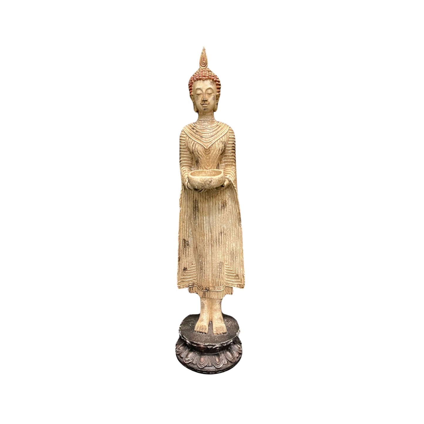 Statue of a figure holding a bowl on a white background