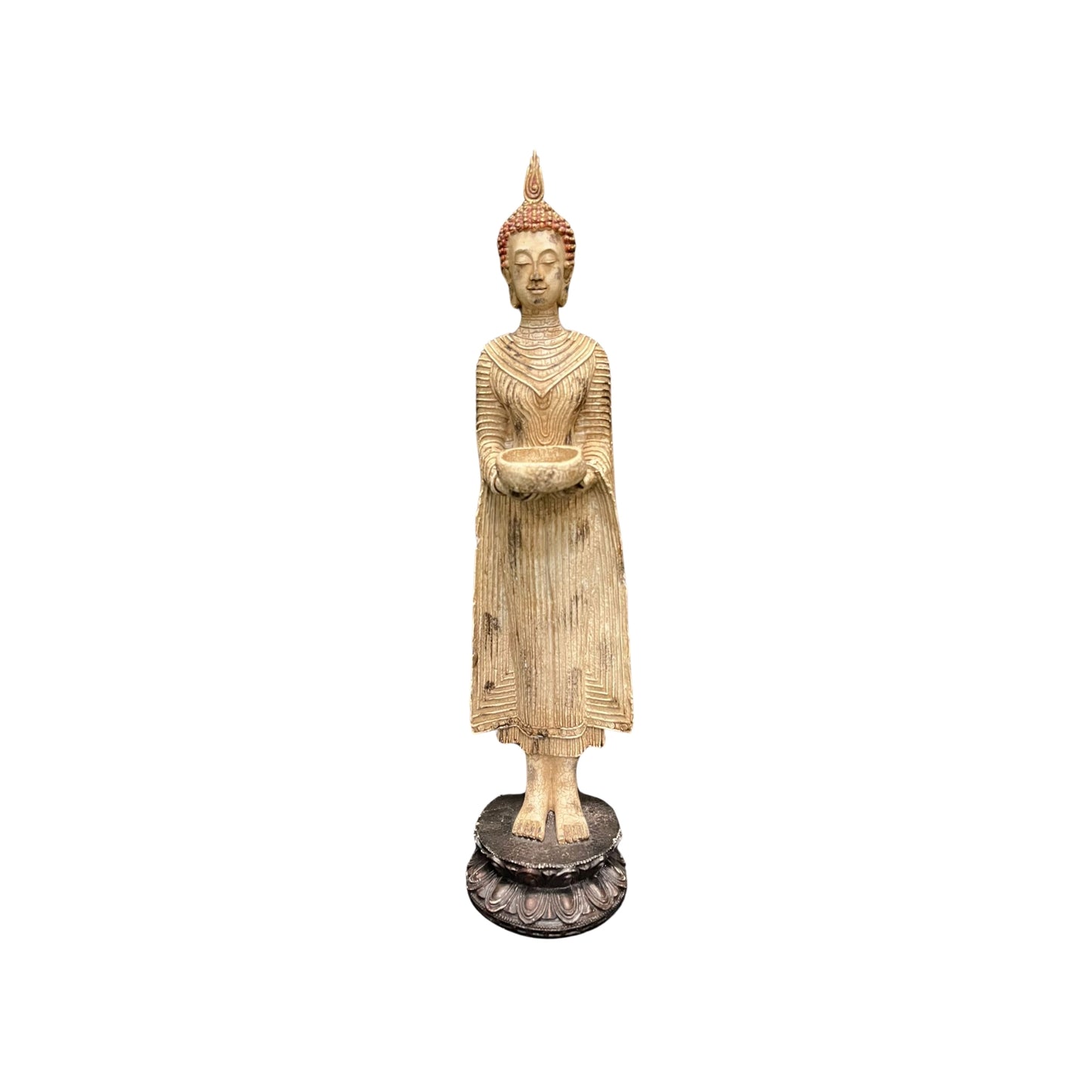 This vintage replica of a Standing Thai Buddha Statue is crafted with intricate details and a beautiful offering bowl, this statue is perfect for creating a peaceful and serene atmosphere with a touch of ancient Buddhist traditions into your space and promote relaxation and mindfulness.