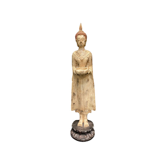 This vintage replica of a Standing Thai Buddha Statue is crafted with intricate details and a beautiful offering bowl, this statue is perfect for creating a peaceful and serene atmosphere with a touch of ancient Buddhist traditions into your space and promote relaxation and mindfulness.