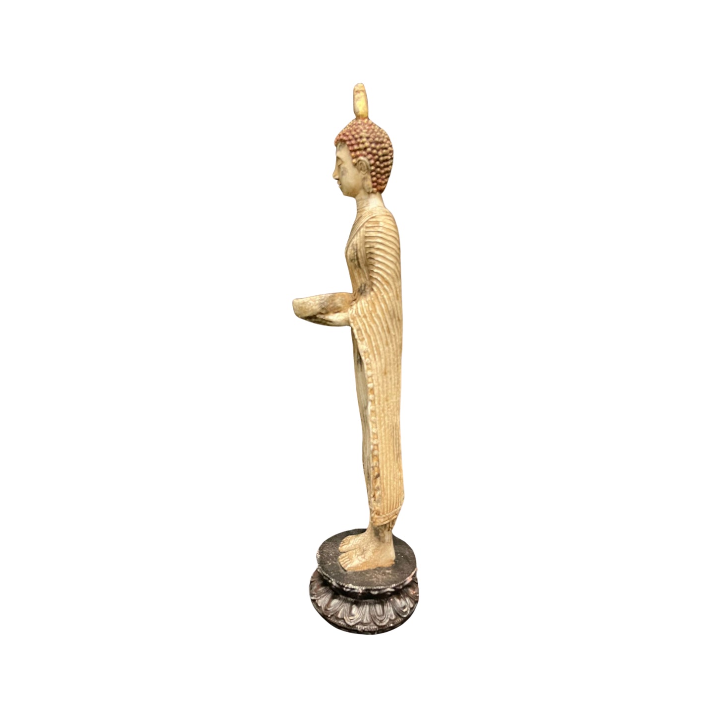 Side view Statue of a standing Buddha on a white background
