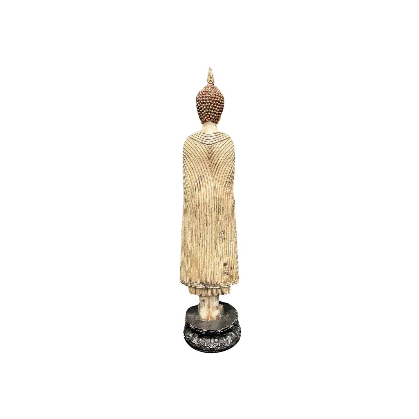 This vintage replica of a Standing Thai Buddha Statue is crafted with intricate details and a beautiful offering bowl, this statue is perfect for creating a peaceful and serene atmosphere with a touch of ancient Buddhist traditions into your space and promote relaxation and mindfulness.