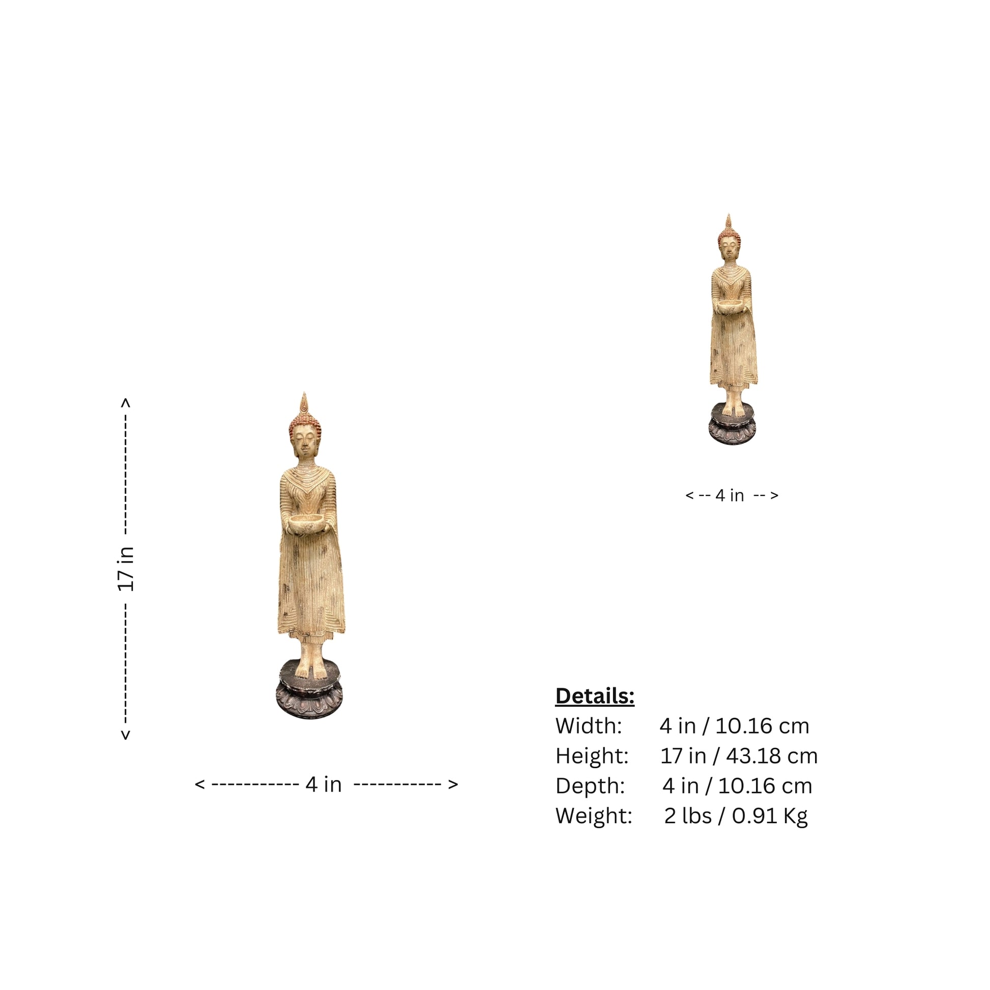This vintage replica of a Standing Thai Buddha Statue is crafted with intricate details and a beautiful offering bowl, this statue is perfect for creating a peaceful and serene atmosphere with a touch of ancient Buddhist traditions into your space and promote relaxation and mindfulness.