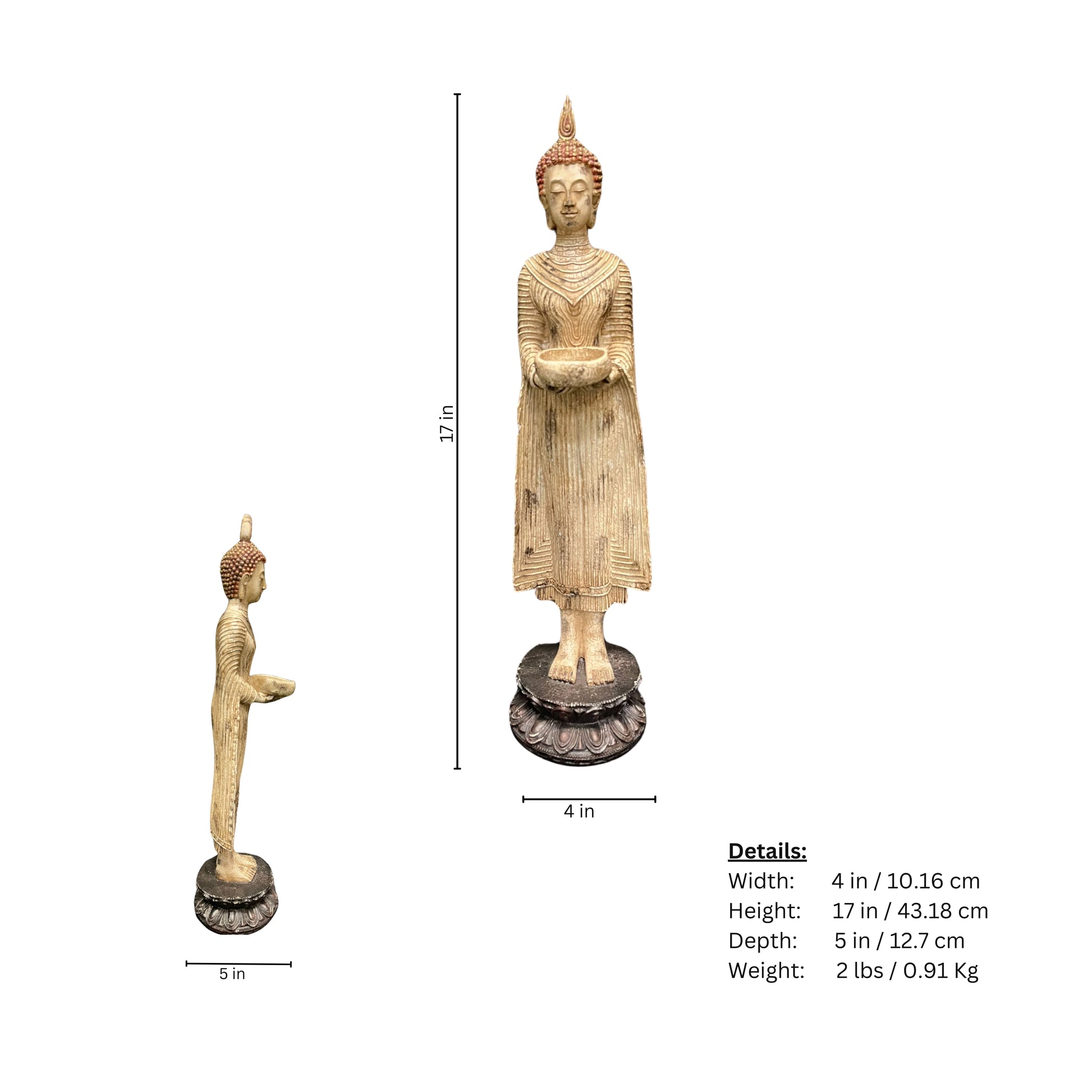 Page with measurements Statue of a figure holding a bowl against a white background