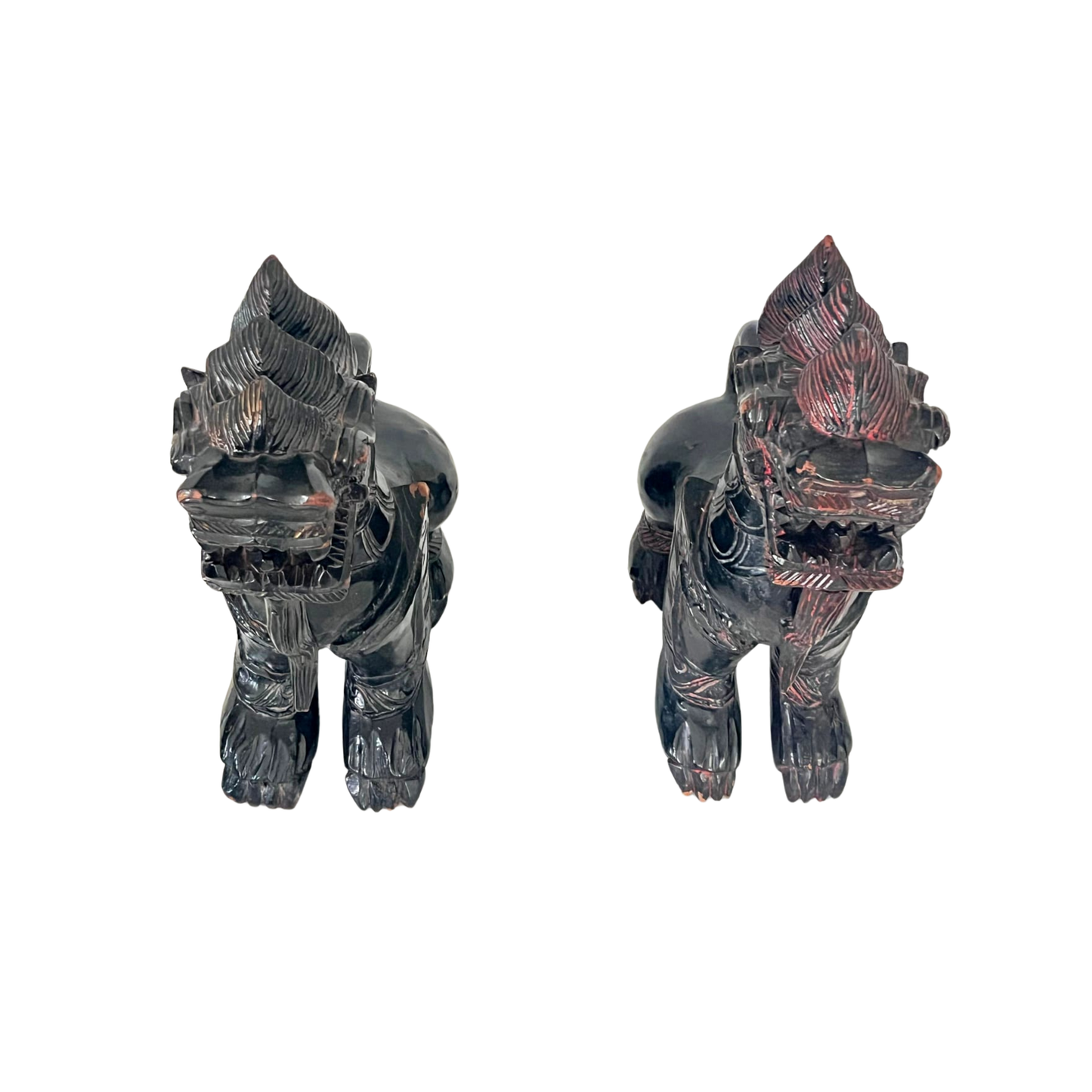Pair of Antique Foo Dog Dogs Carved in Wood