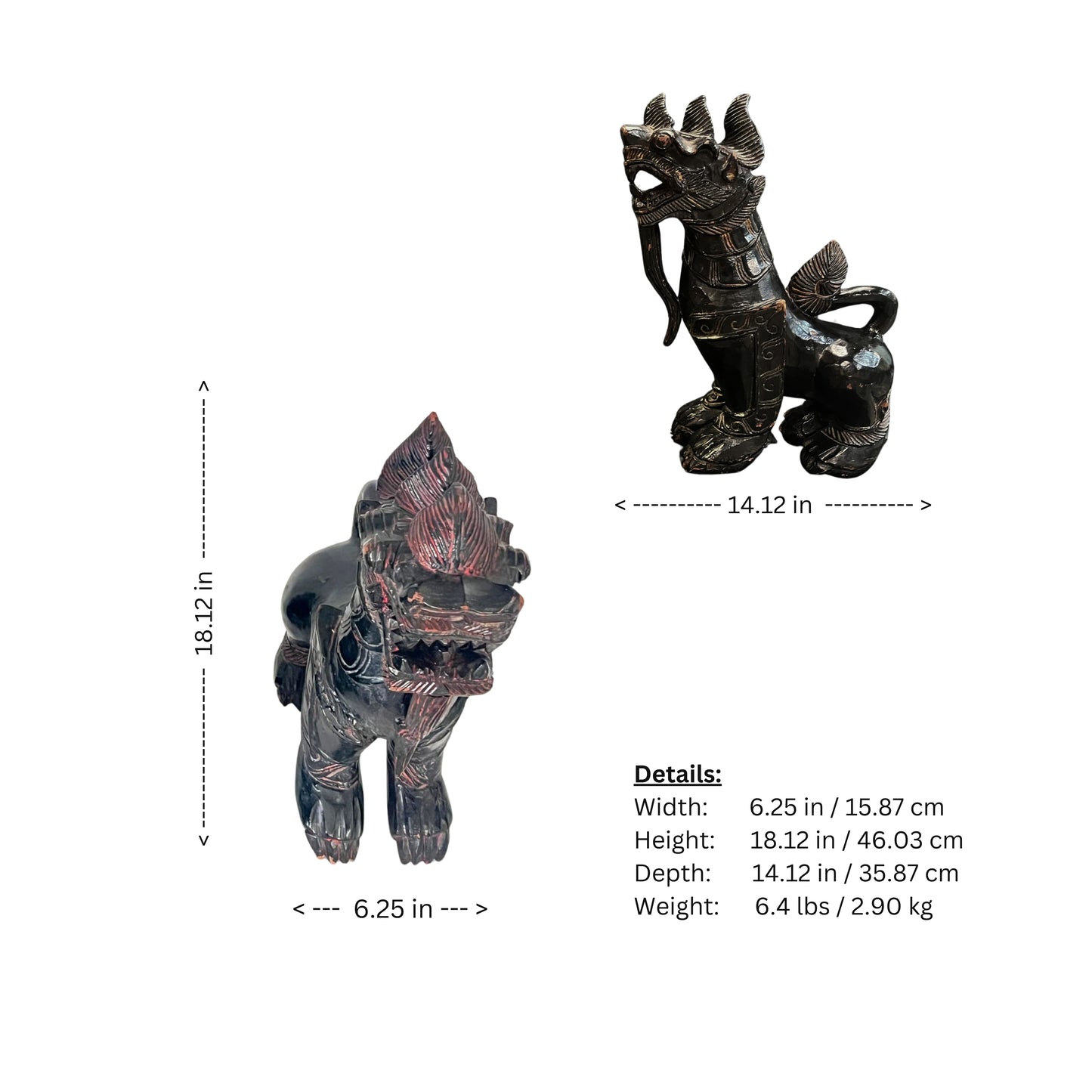 measurement page ancient Chinese Foo dog carved in wood