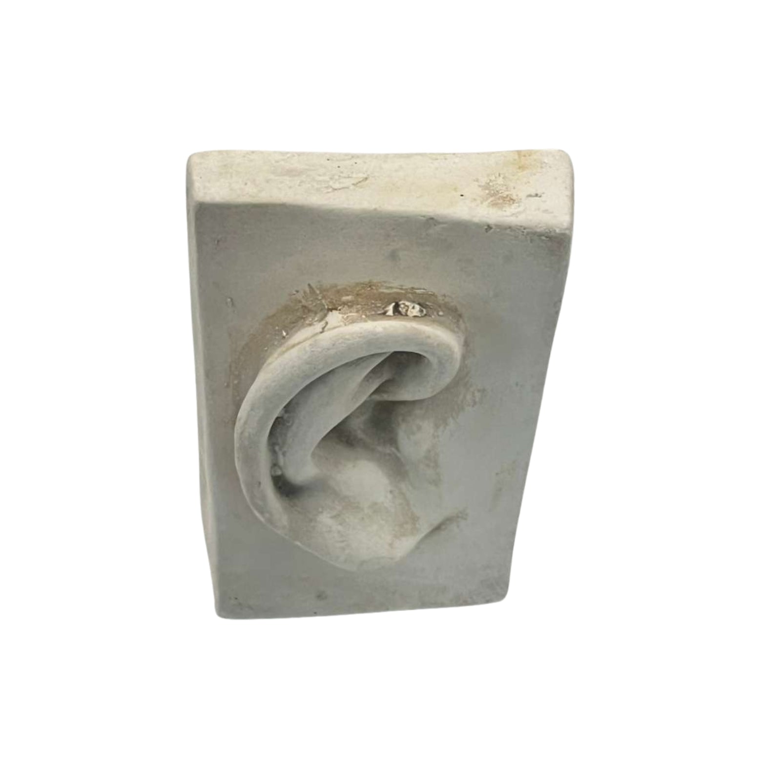 Top view decorative wall plaque of a plaster ear on a white background