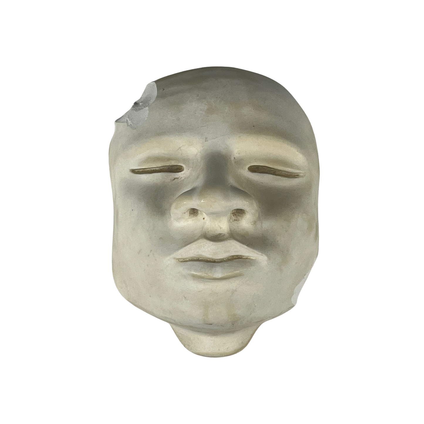 White ceramic face sculpture on a white background