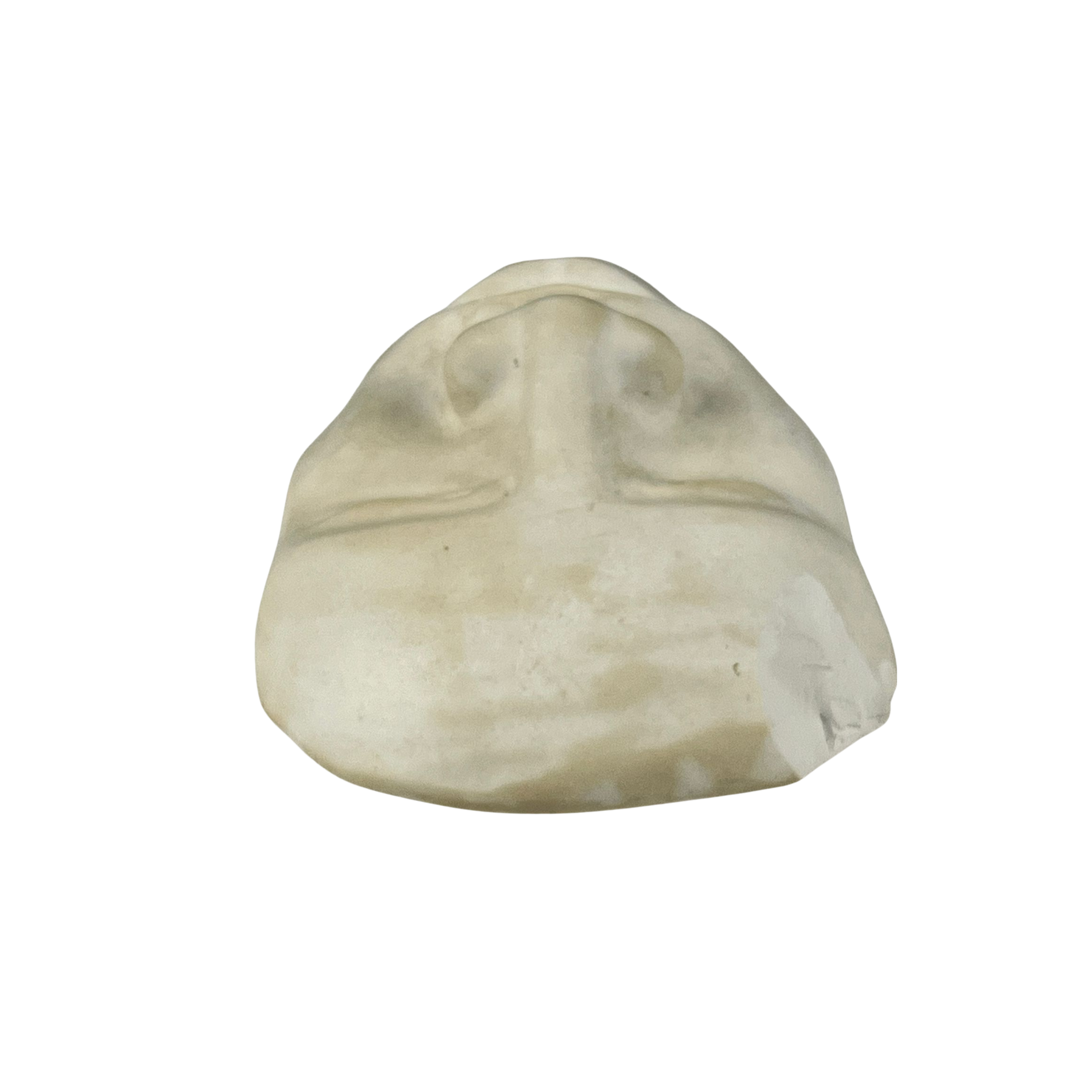 Top view of a plaster sculpture of a face on a white background