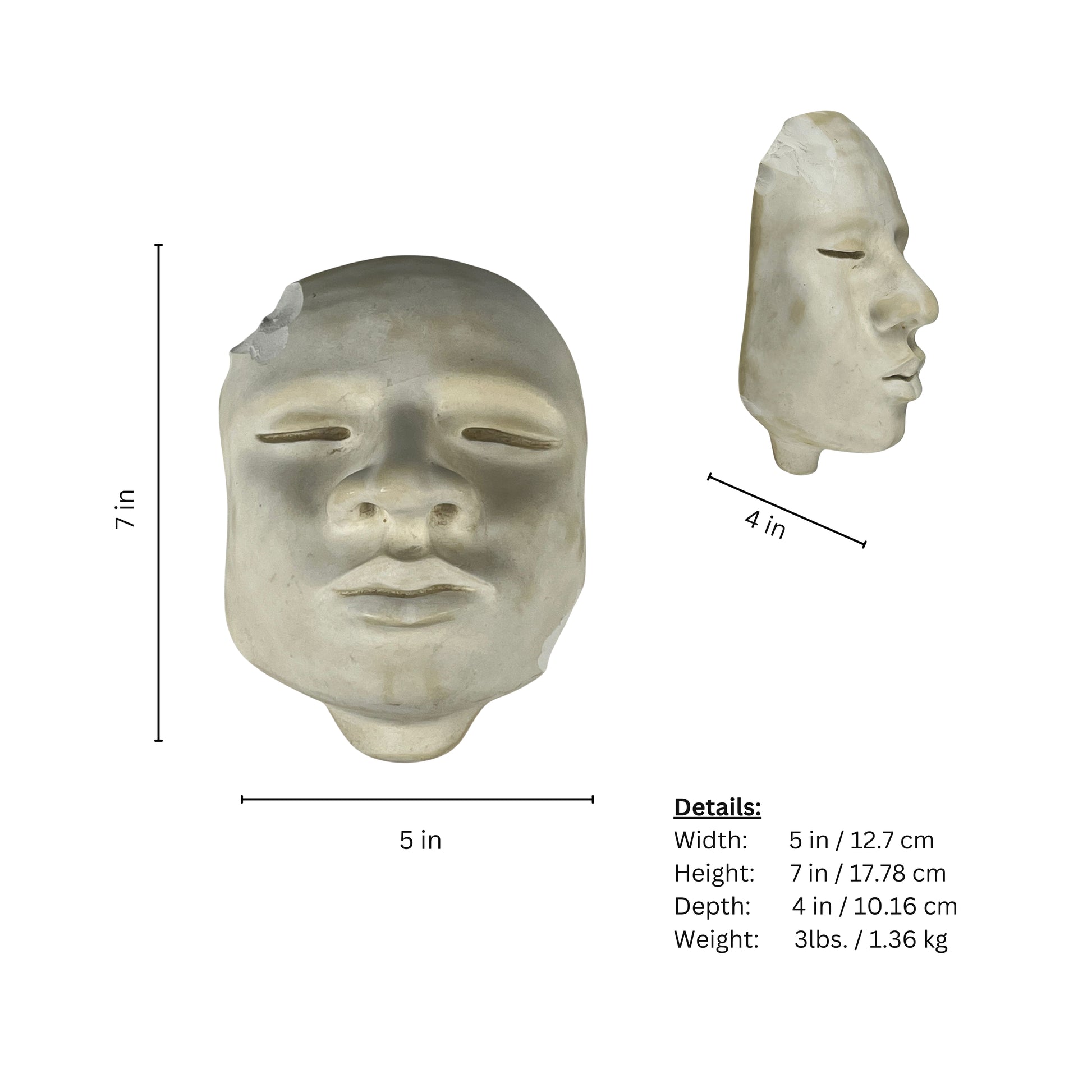 Plaster sculpture measurements of a face on a white background