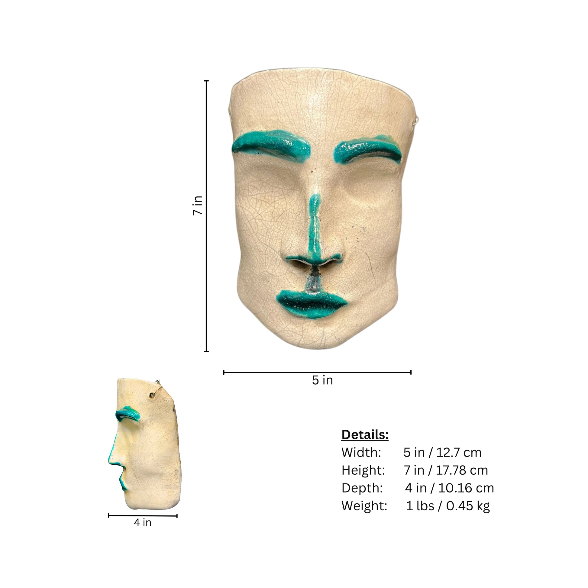 Page of ceramic facial sculpture measurements with teal accents on a white background