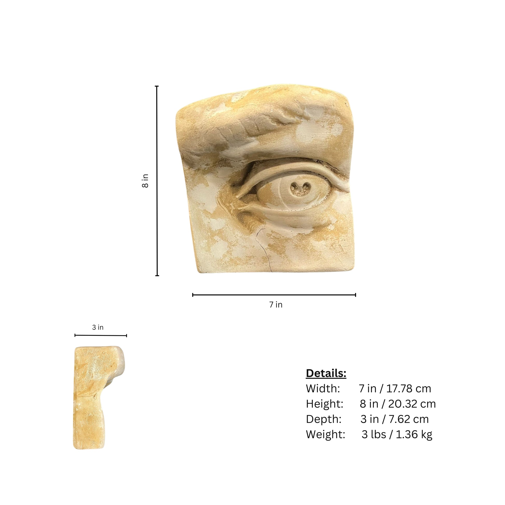 Stone sculpture of an eye with dimensions and weight details on a white background