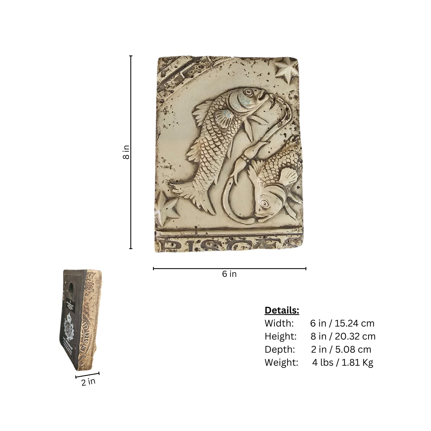 Decorative wall plate measurement page with fish design on a white background
