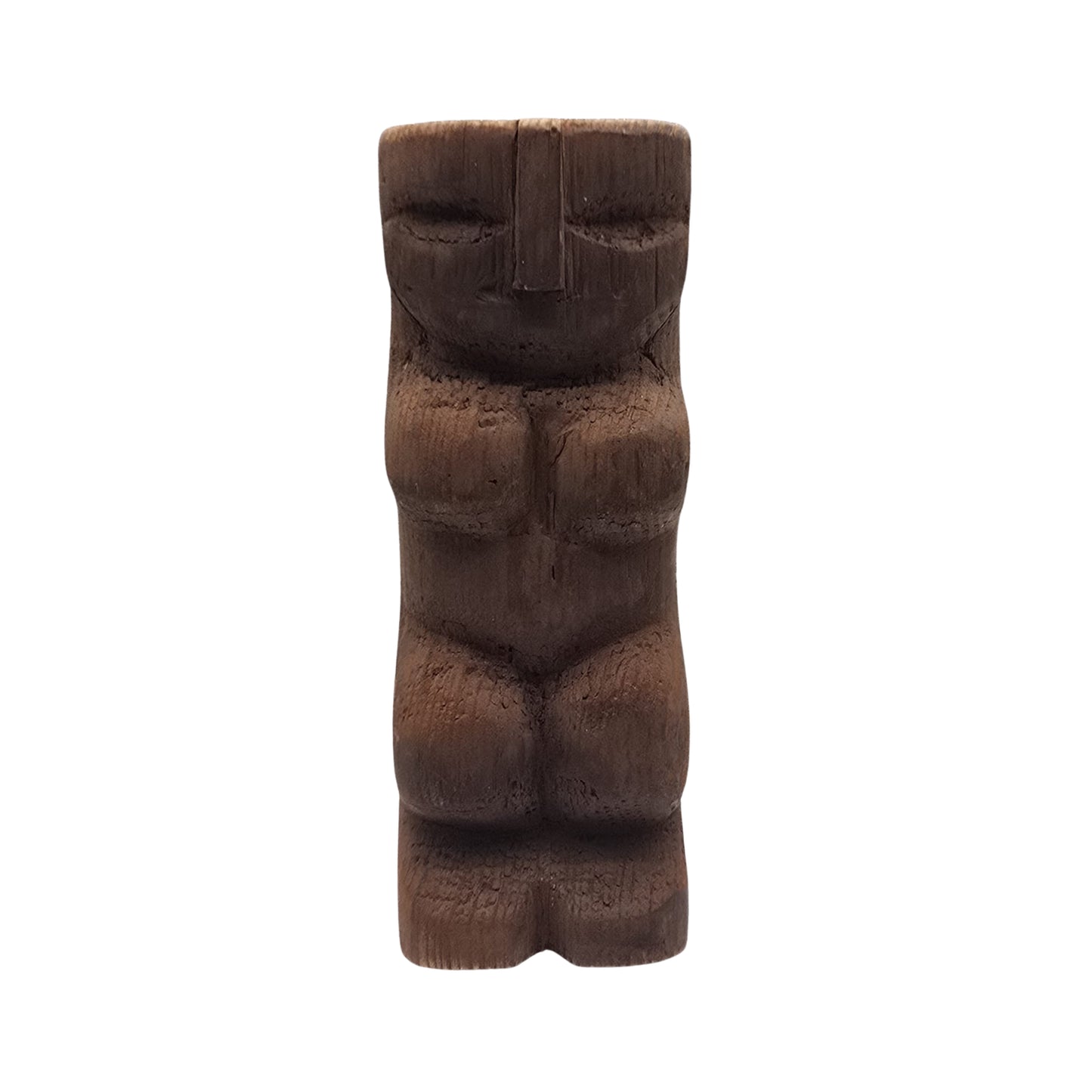 Carved wooden Hawaiian tiki sculpture on a white background