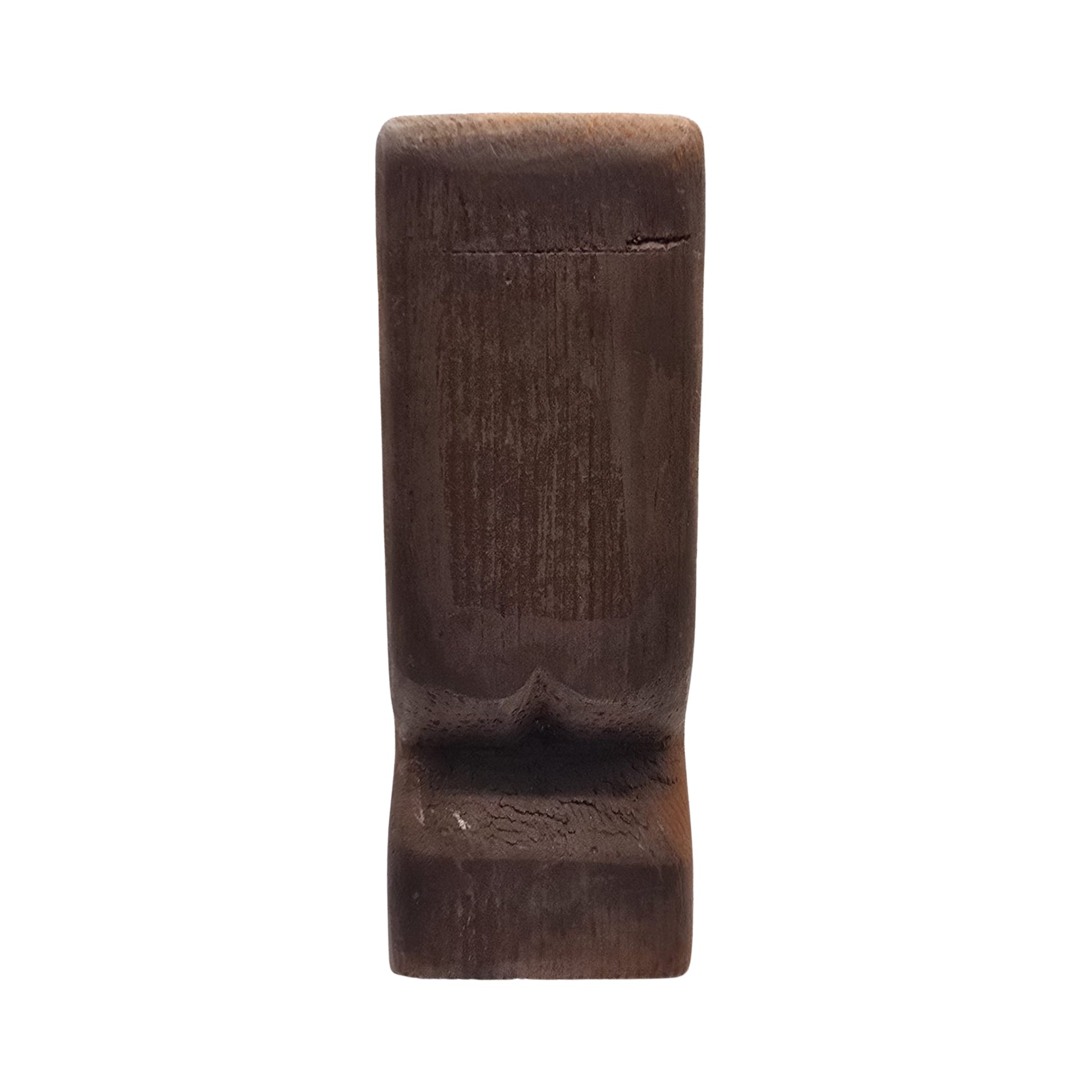 Back view of a Hawaiian wooden tiki sculpture on a white background